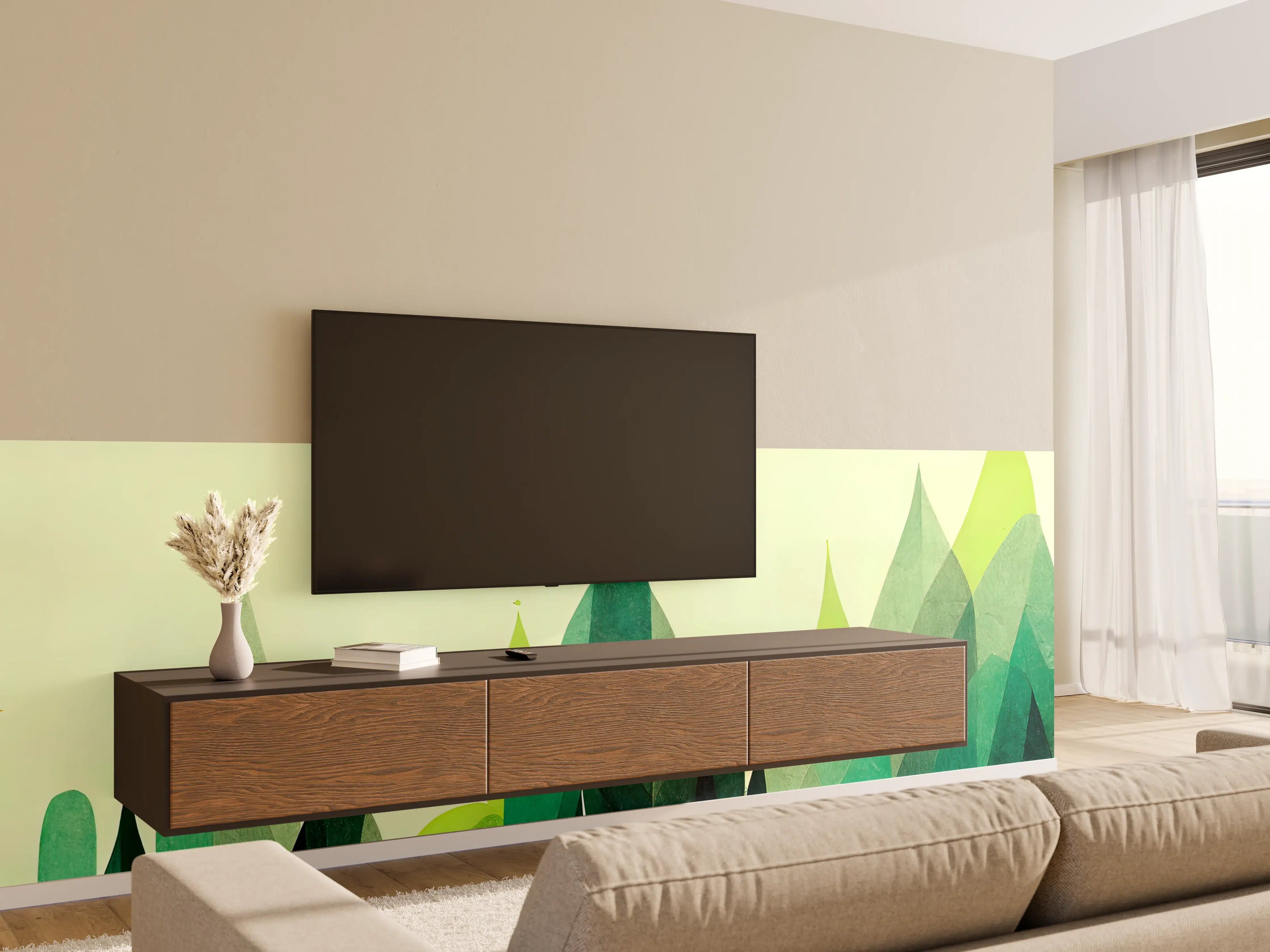 Wandverkleidung Wohnzimmer - Moderne grüne Landschaftsillustration