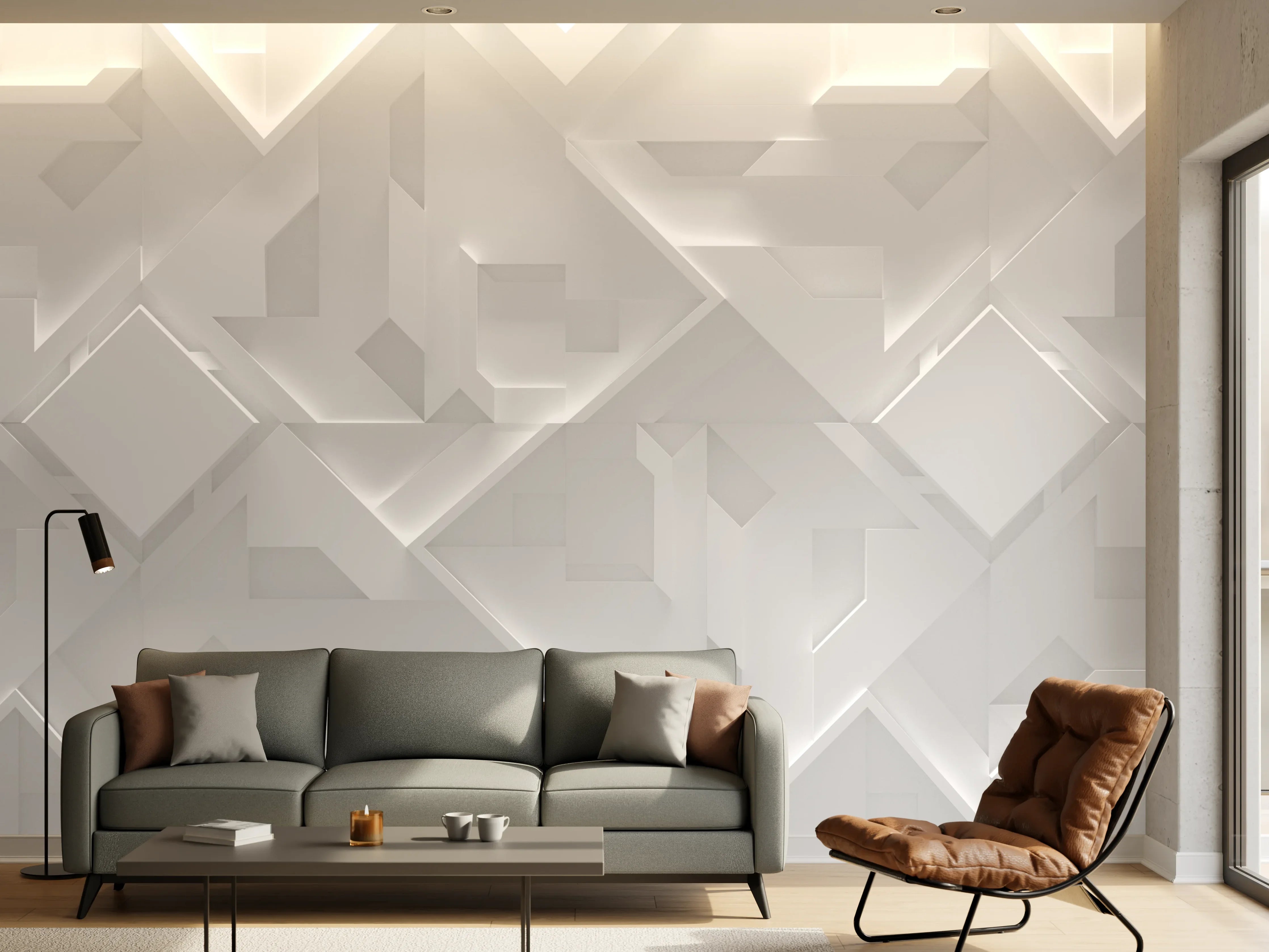 Wandverkleidung Wohnzimmer - Moderne helle Fliesen mit Lichtreflexen