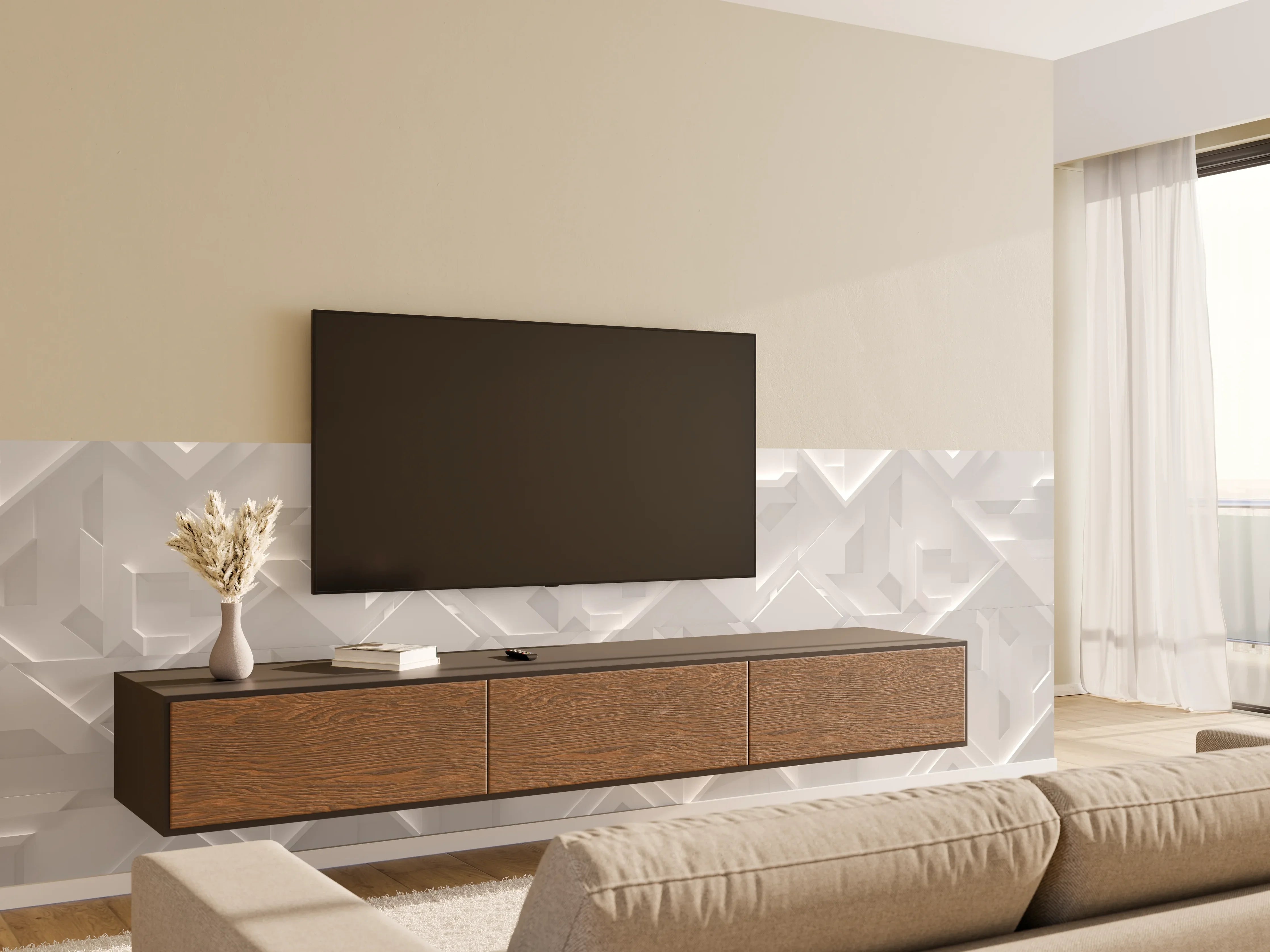 Wandverkleidung Wohnzimmer - Moderne helle Fliesen mit Lichtreflexen