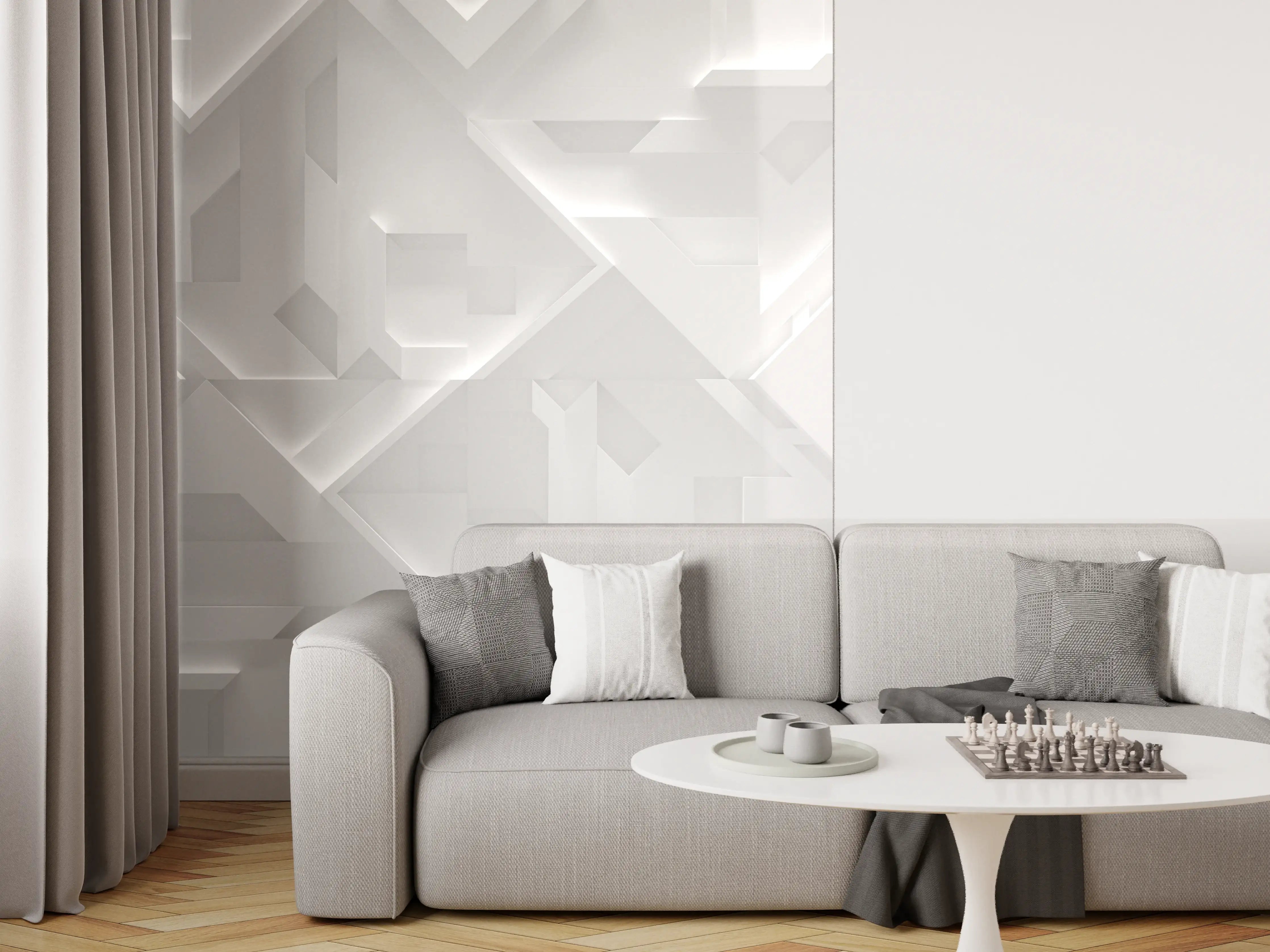 Wandverkleidung Wohnzimmer - Moderne helle Fliesen mit Lichtreflexen