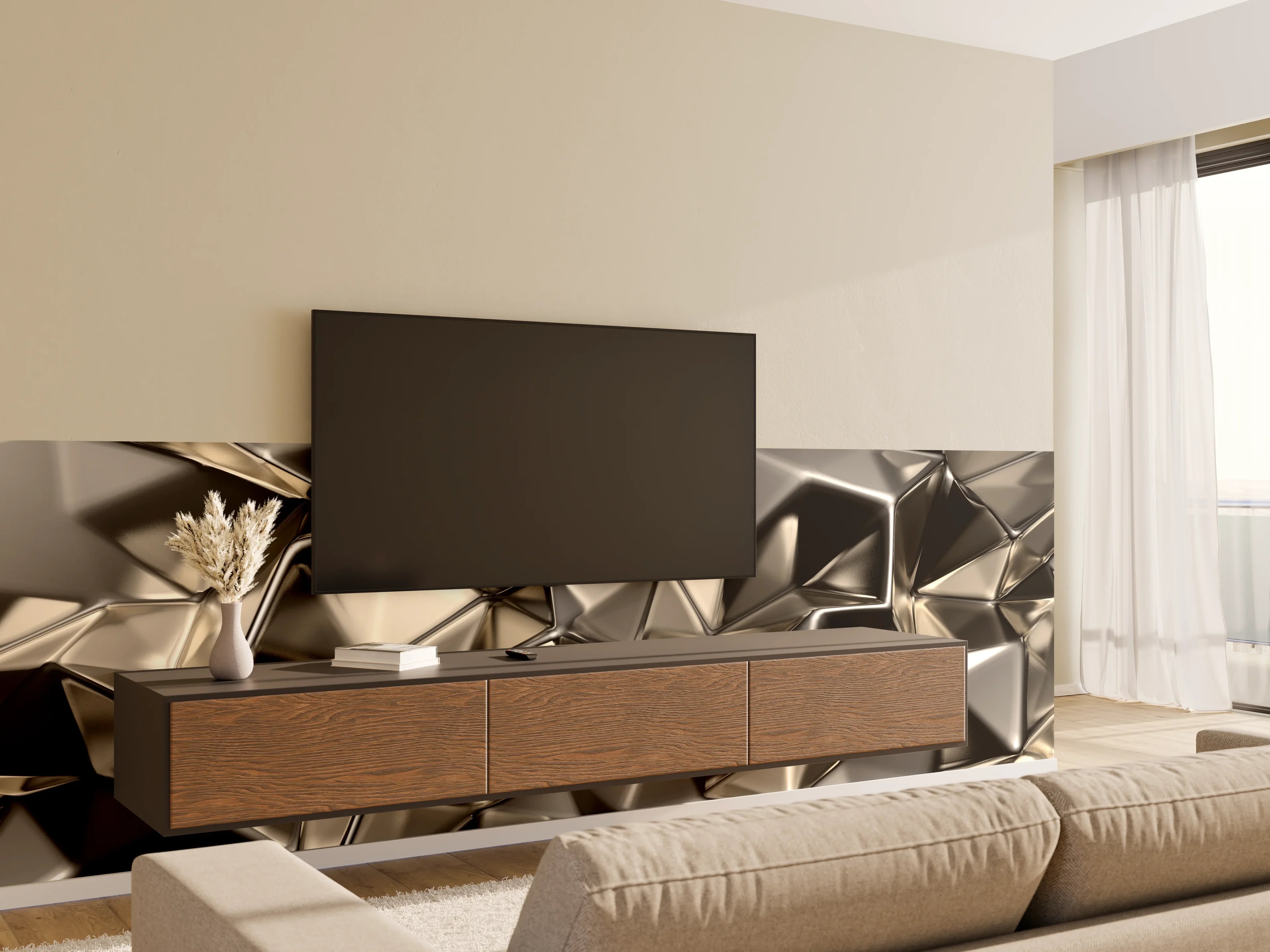 Wandverkleidung Wohnzimmer - Moderne metallische Oberflächen, edel und glänzend