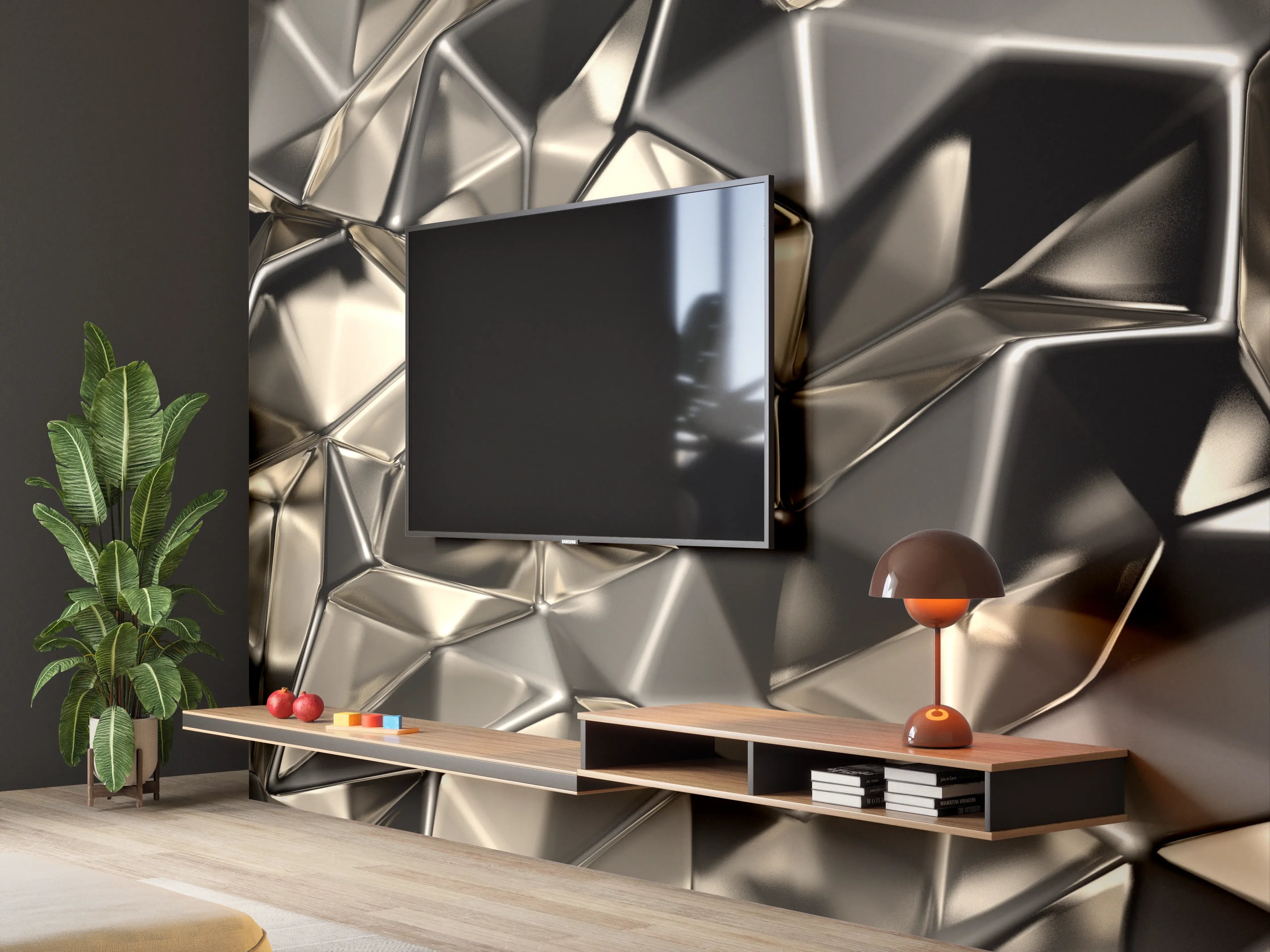 Wandverkleidung Wohnzimmer - Moderne metallische Oberflächen, edel und glänzend