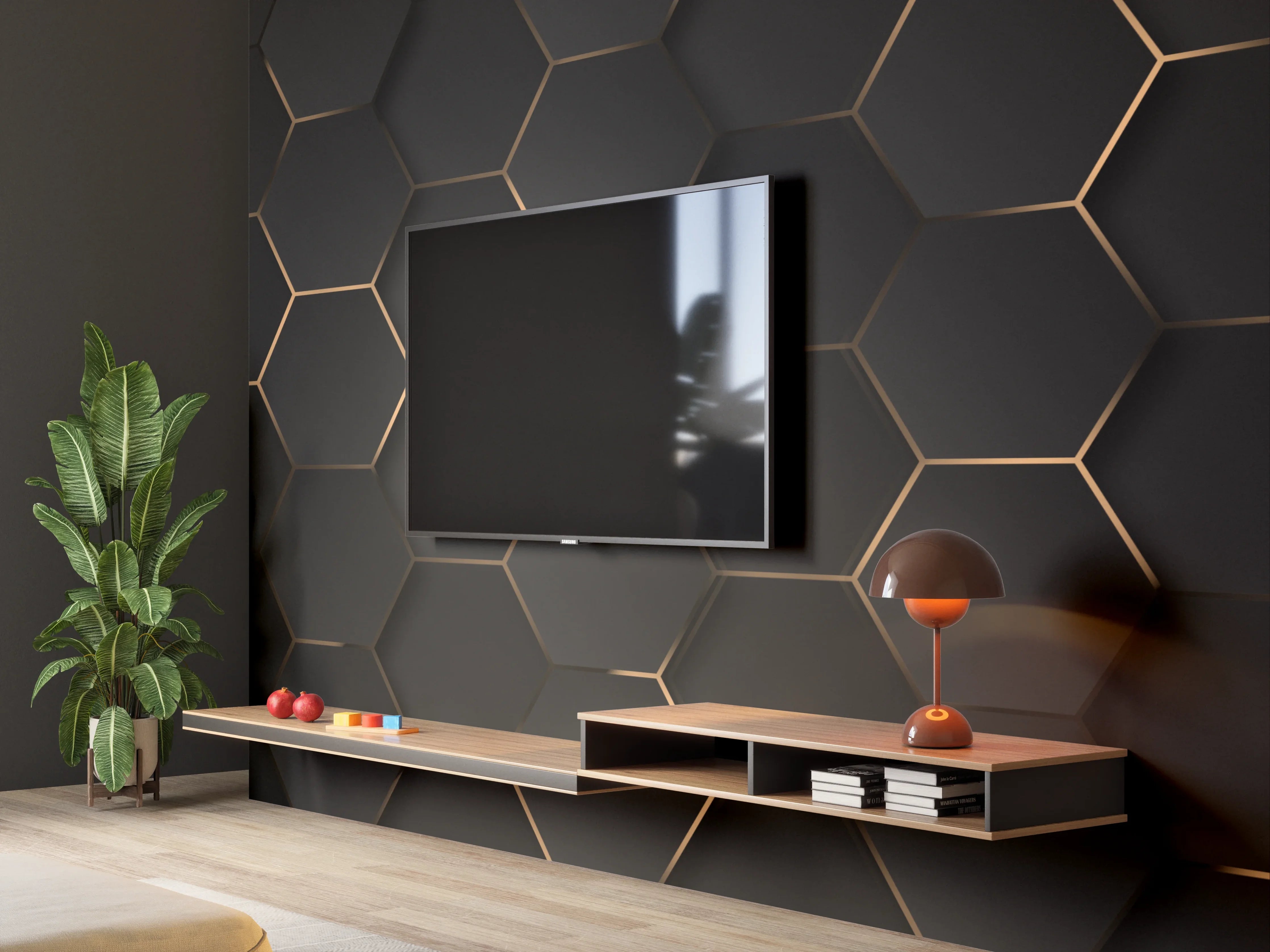 Wandverkleidung Wohnzimmer - Moderne schwarze Fliesen mit Goldkanten