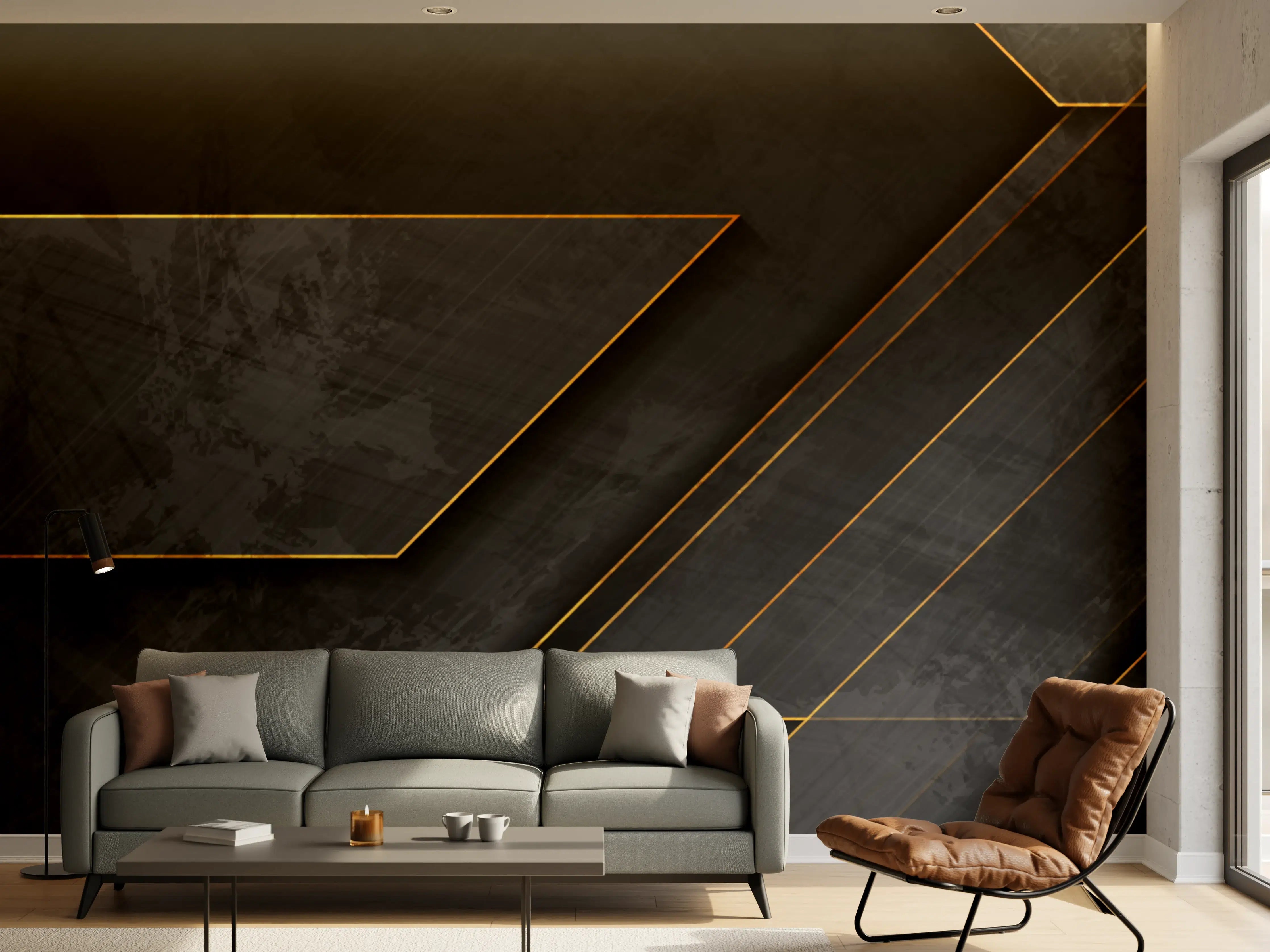 Wandverkleidung Wohnzimmer - Moderne schwarze Oberfläche mit Goldakzenten