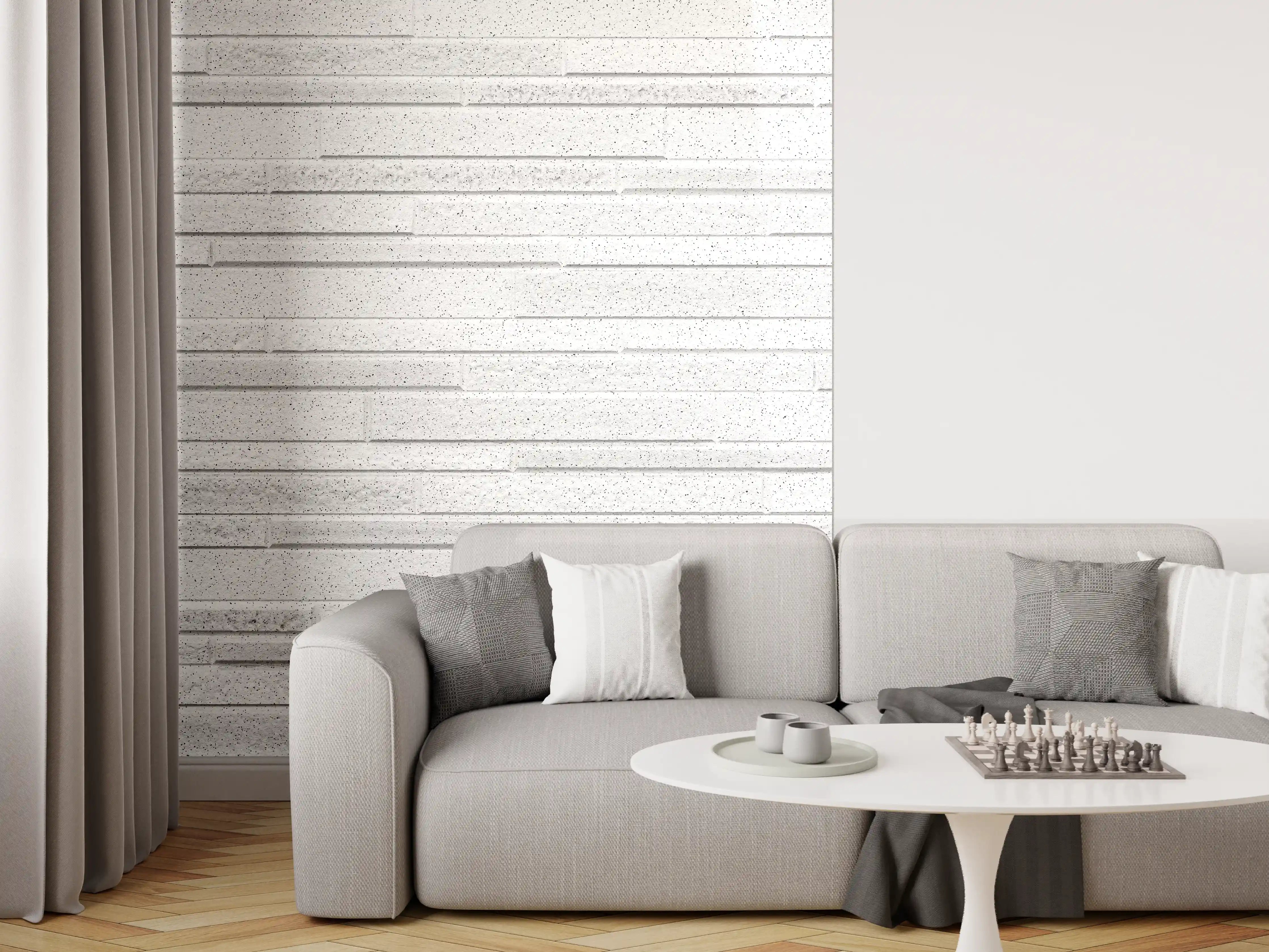 Wandverkleidung Wohnzimmer - Moderne weiße Betonwand mit Linienstruktur