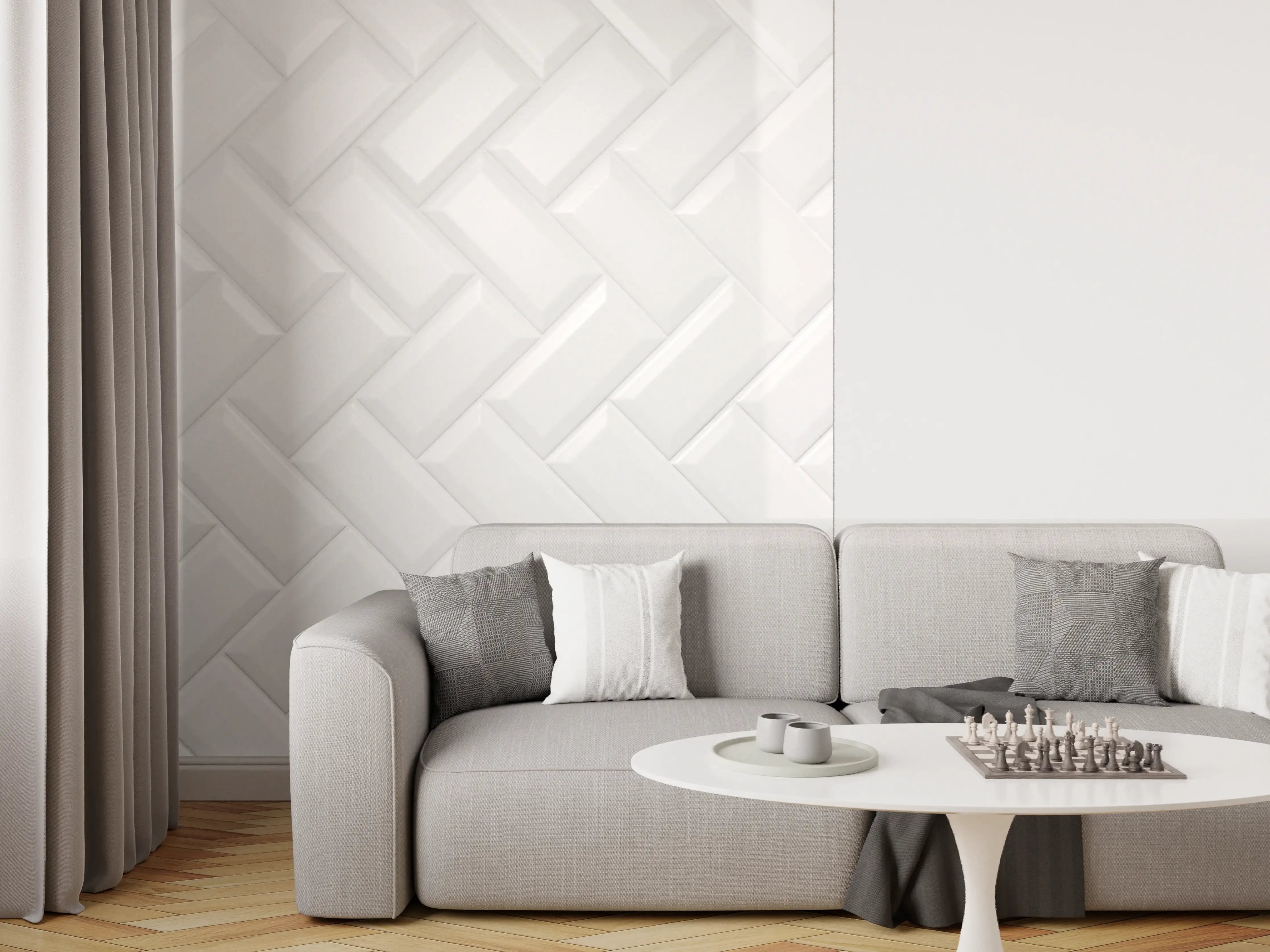 Wandverkleidung Wohnzimmer - Moderne weiße Fliesen im Muster