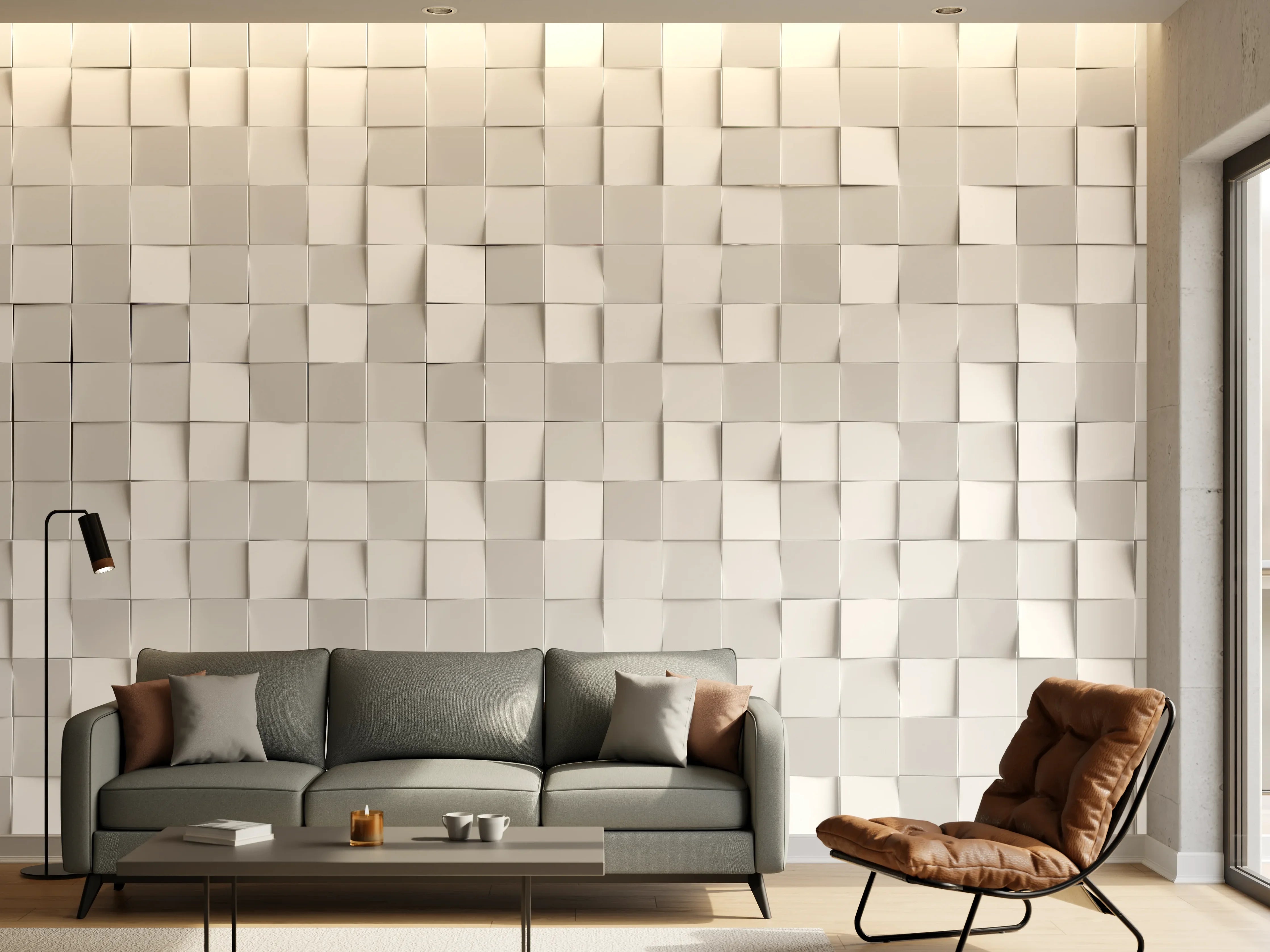 Wandverkleidung Wohnzimmer - Moderne weiße Fliesenwand mit 3D-Effekt