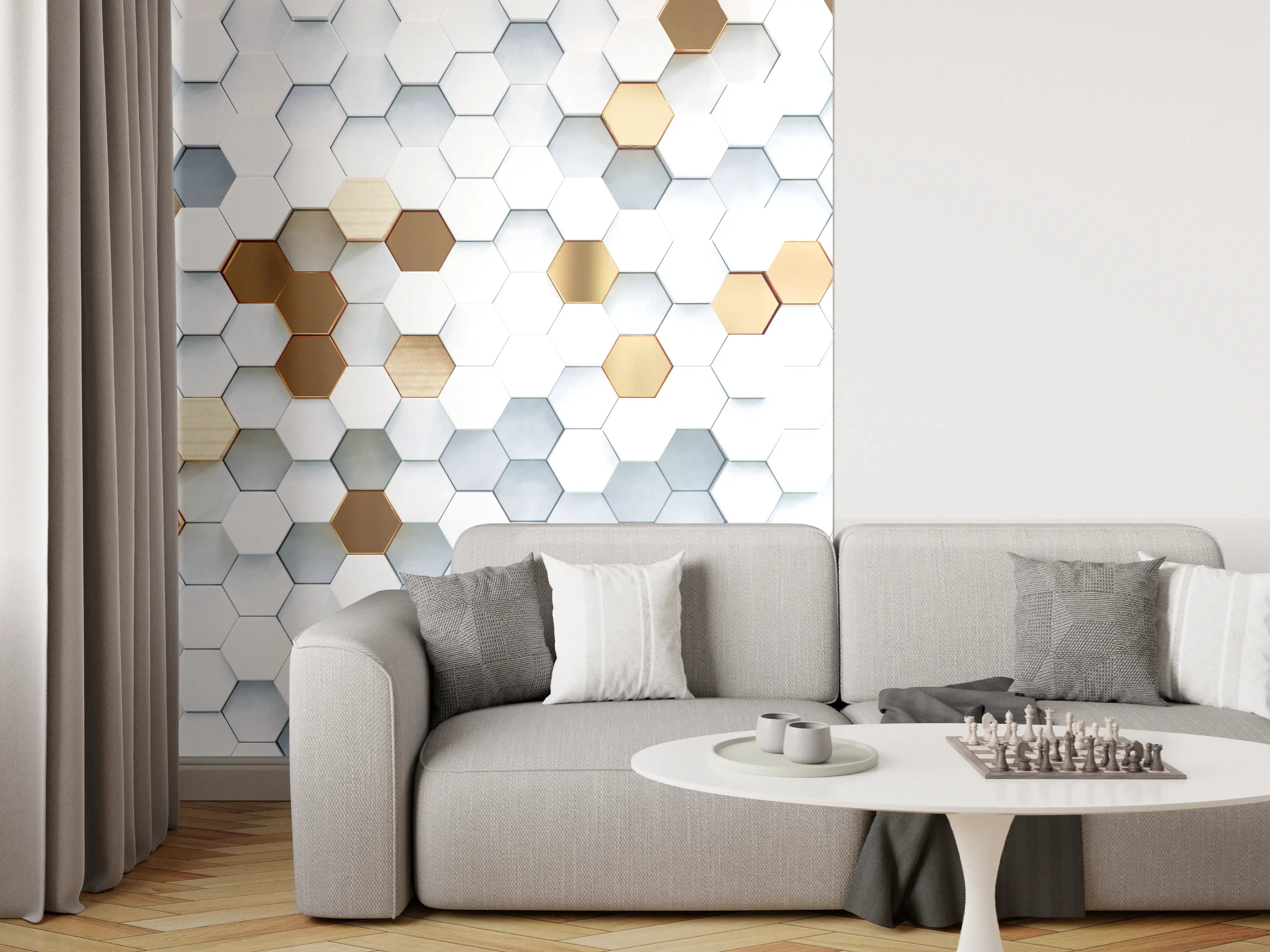 Wandverkleidung Wohnzimmer - Moderne weiße und goldene Hexagon-Fliesen