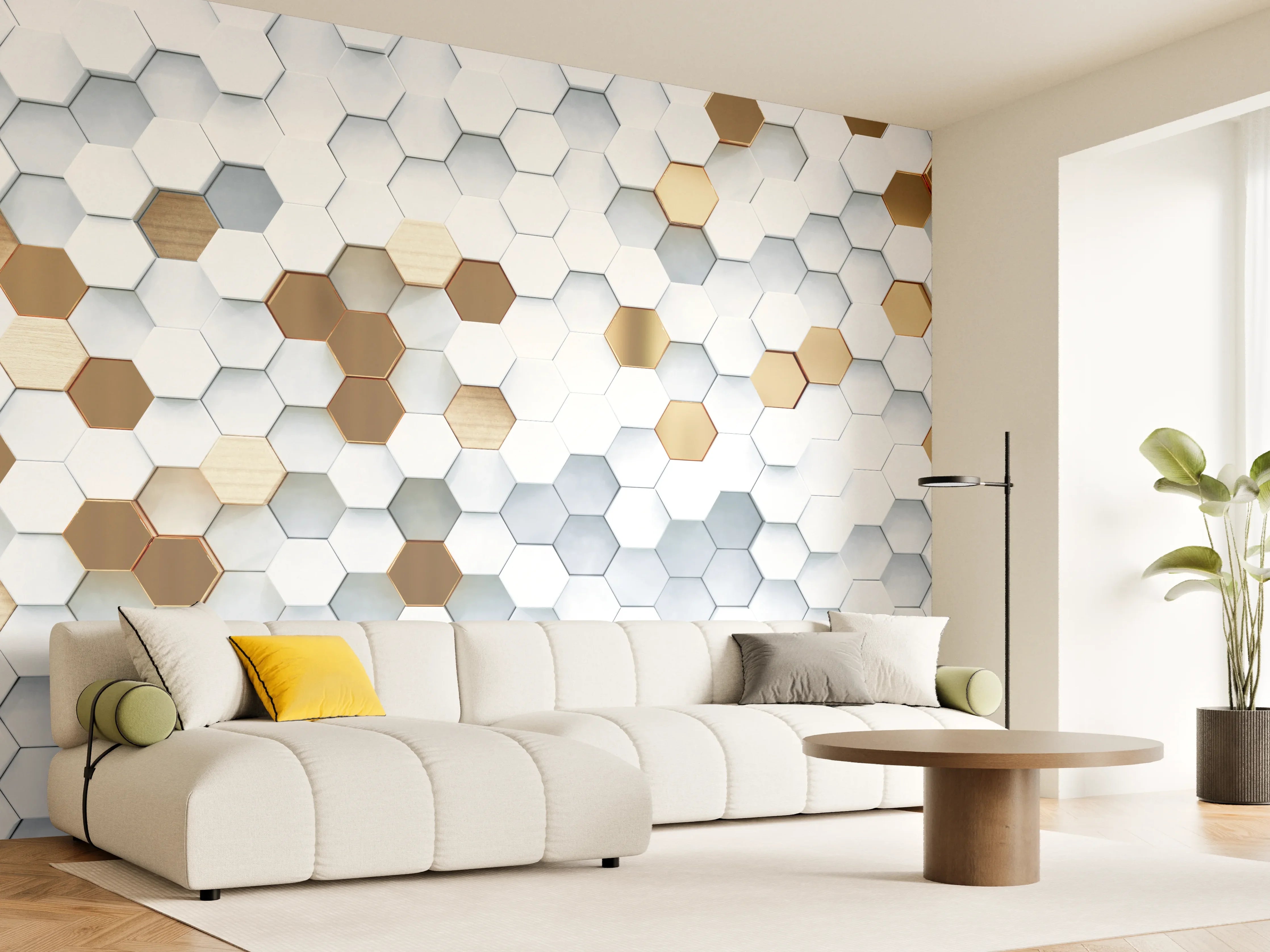 Wandverkleidung Wohnzimmer - Moderne weiße und goldene Hexagon-Fliesen