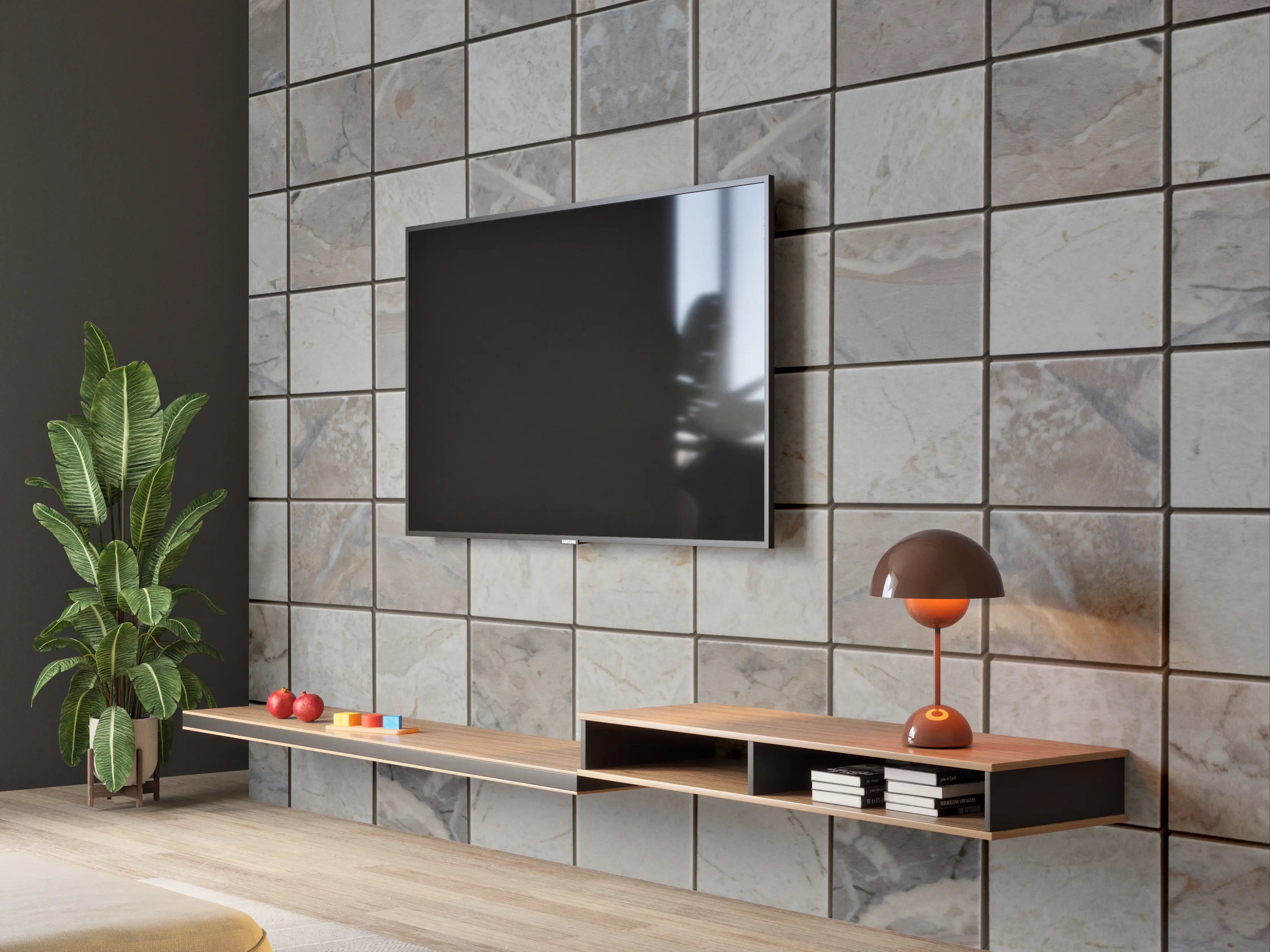 Wandverkleidung Wohnzimmer - Moderner Fliesenboden in Grau
