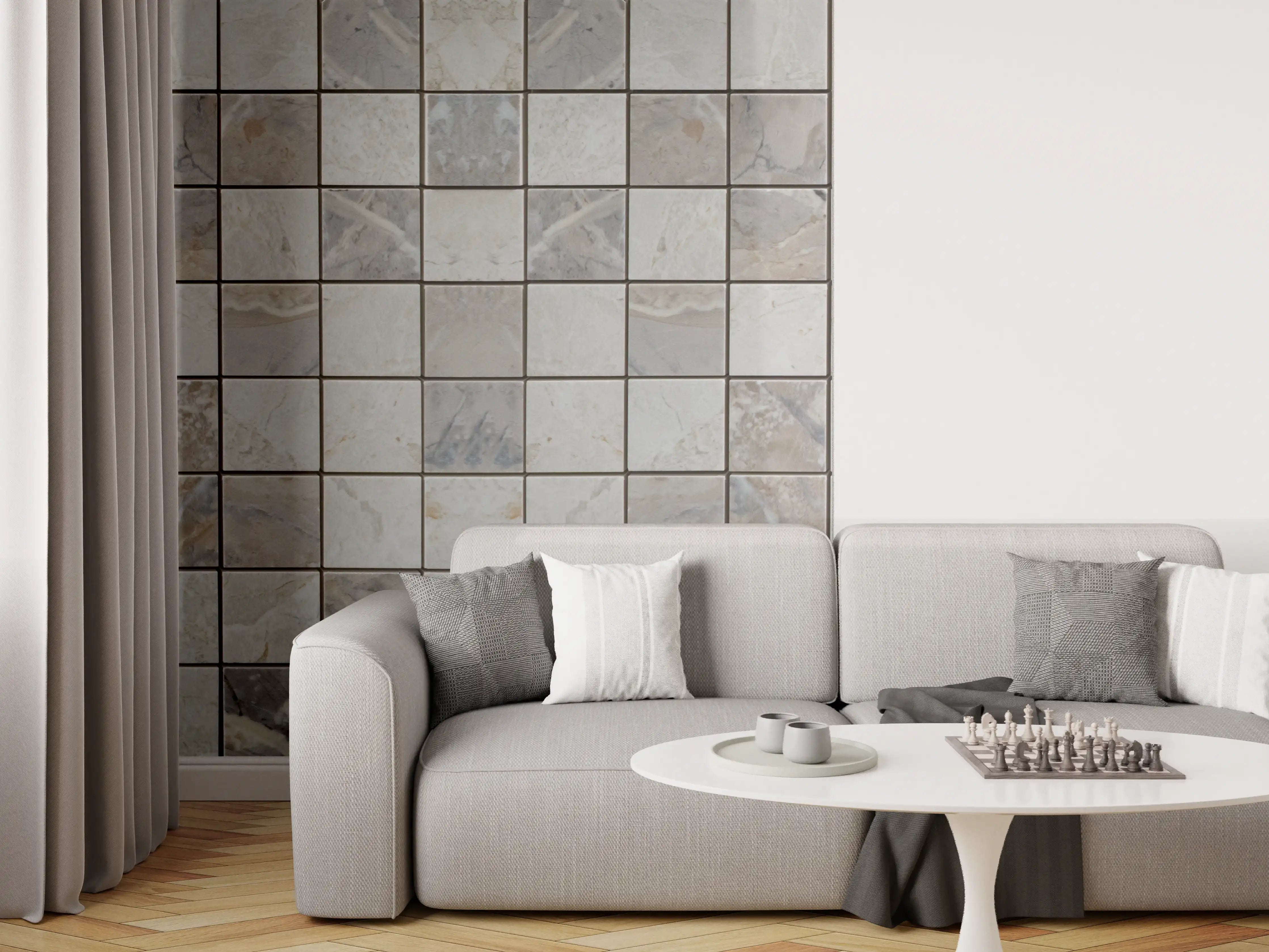 Wandverkleidung Wohnzimmer - Moderner Fliesenboden in Grau