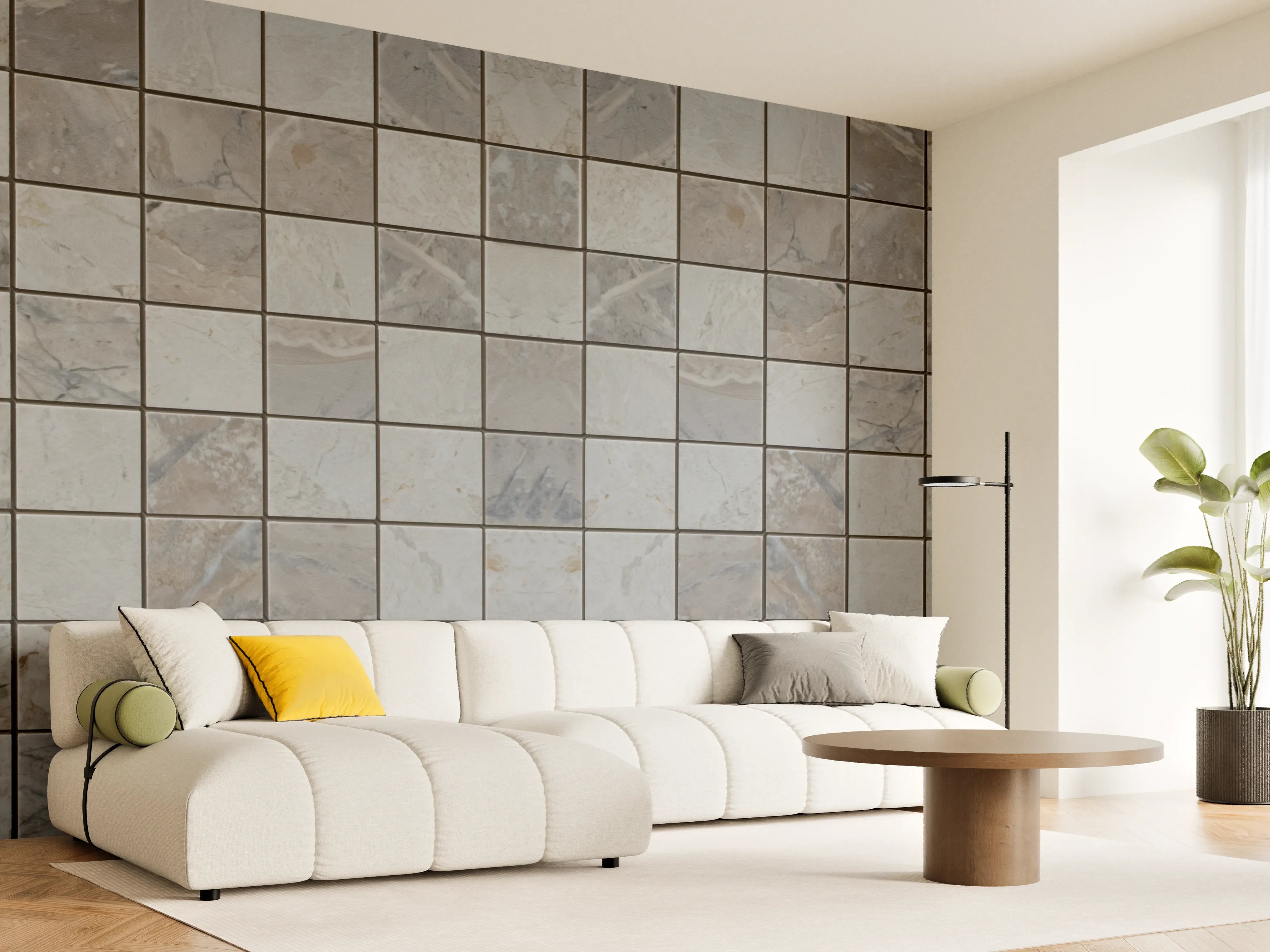 Wandverkleidung Wohnzimmer - Moderner Fliesenboden in Grau