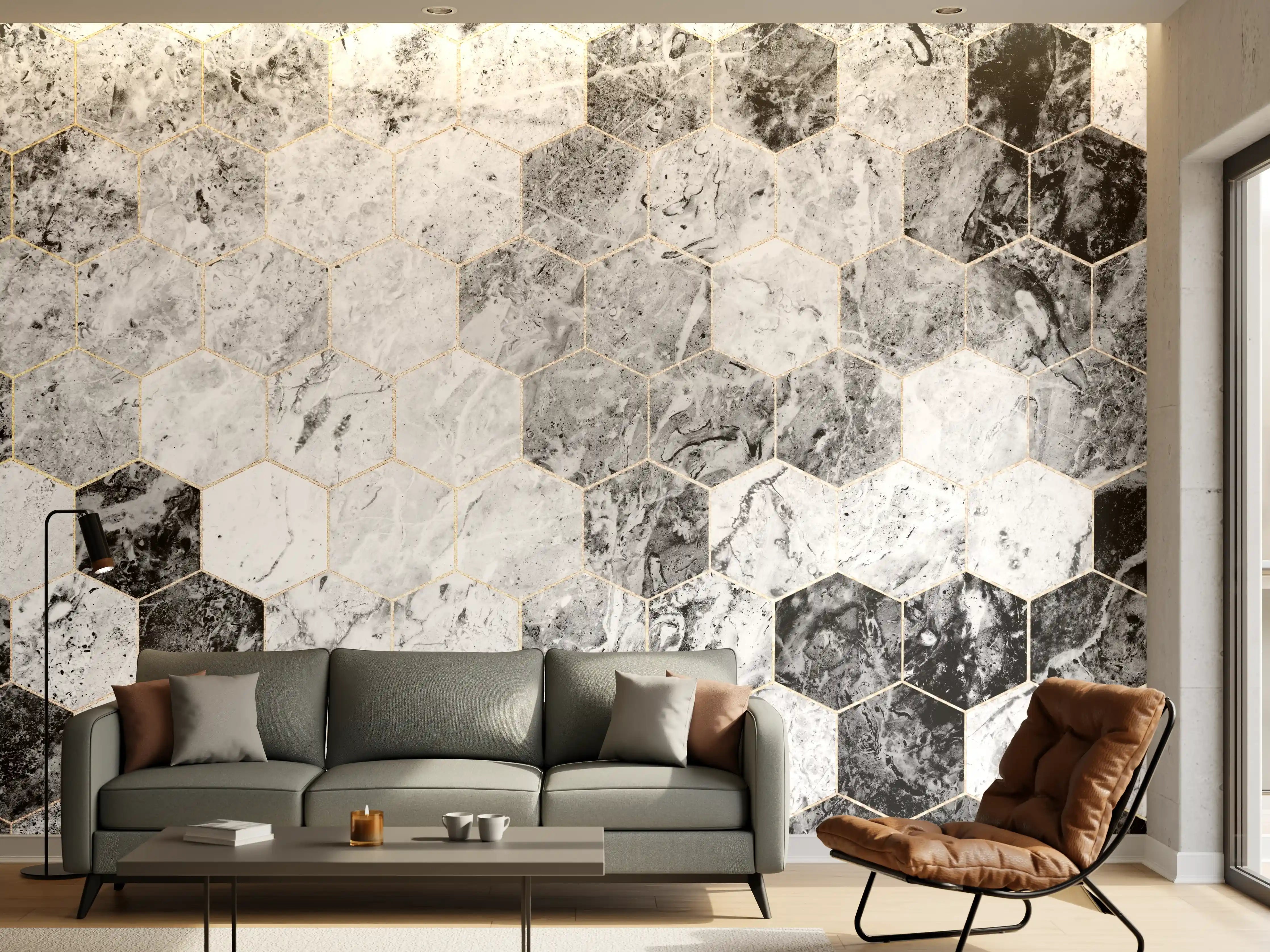 Wandverkleidung Wohnzimmer - Moderner Marmorboden mit Hexagon-Design