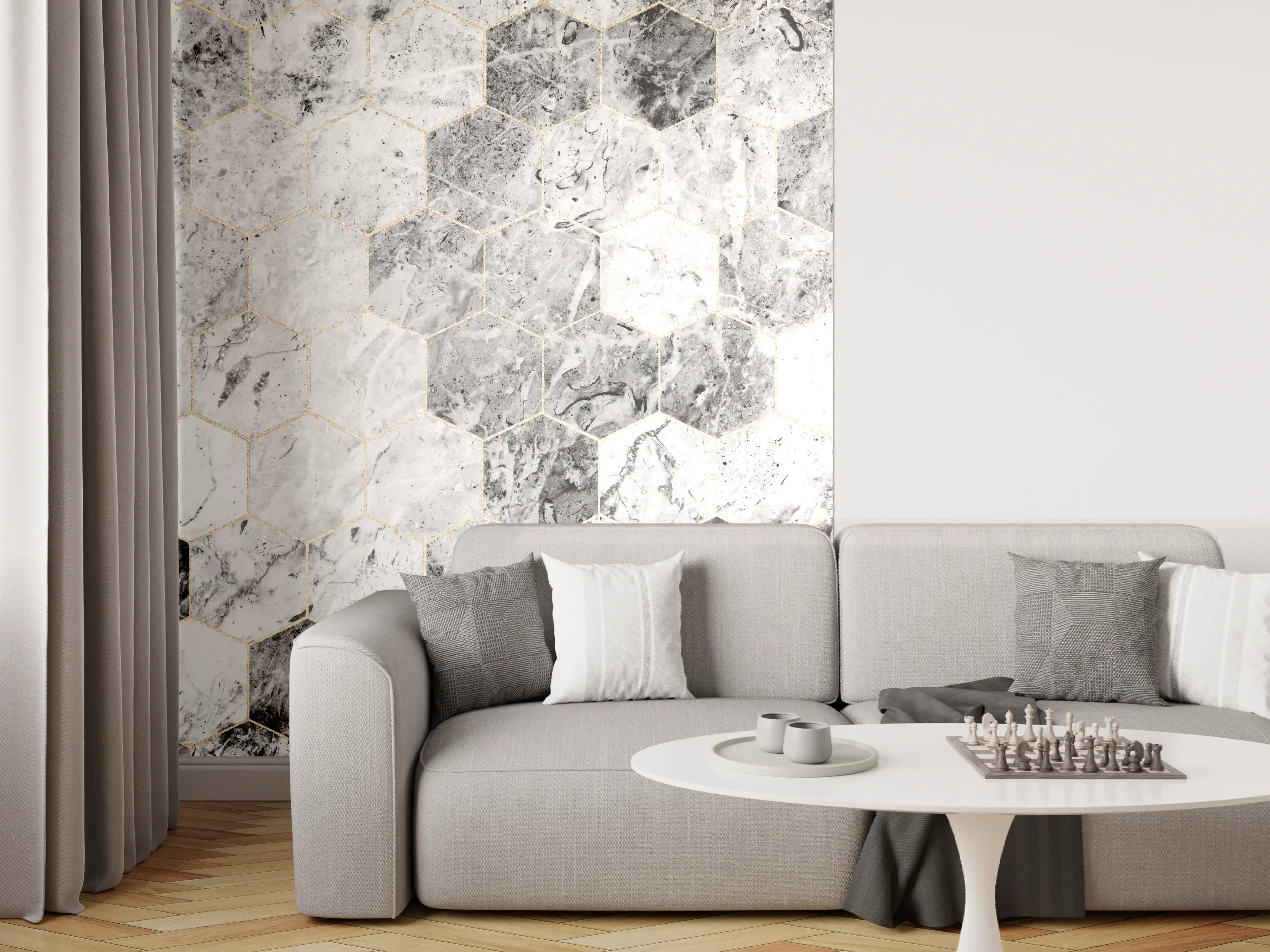 Wandverkleidung Wohnzimmer - Moderner Marmorboden mit Hexagon-Design