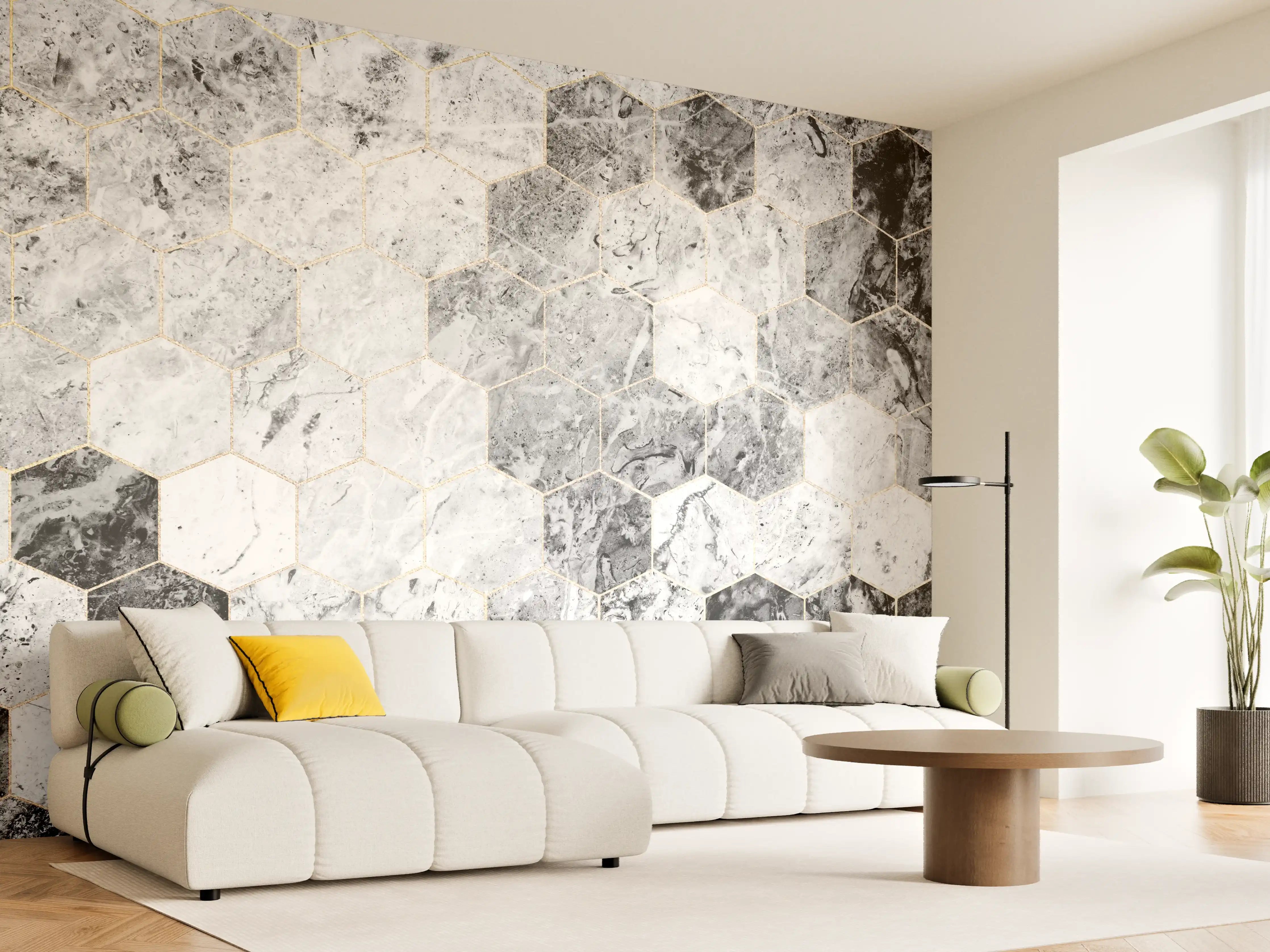 Wandverkleidung Wohnzimmer - Moderner Marmorboden mit Hexagon-Design