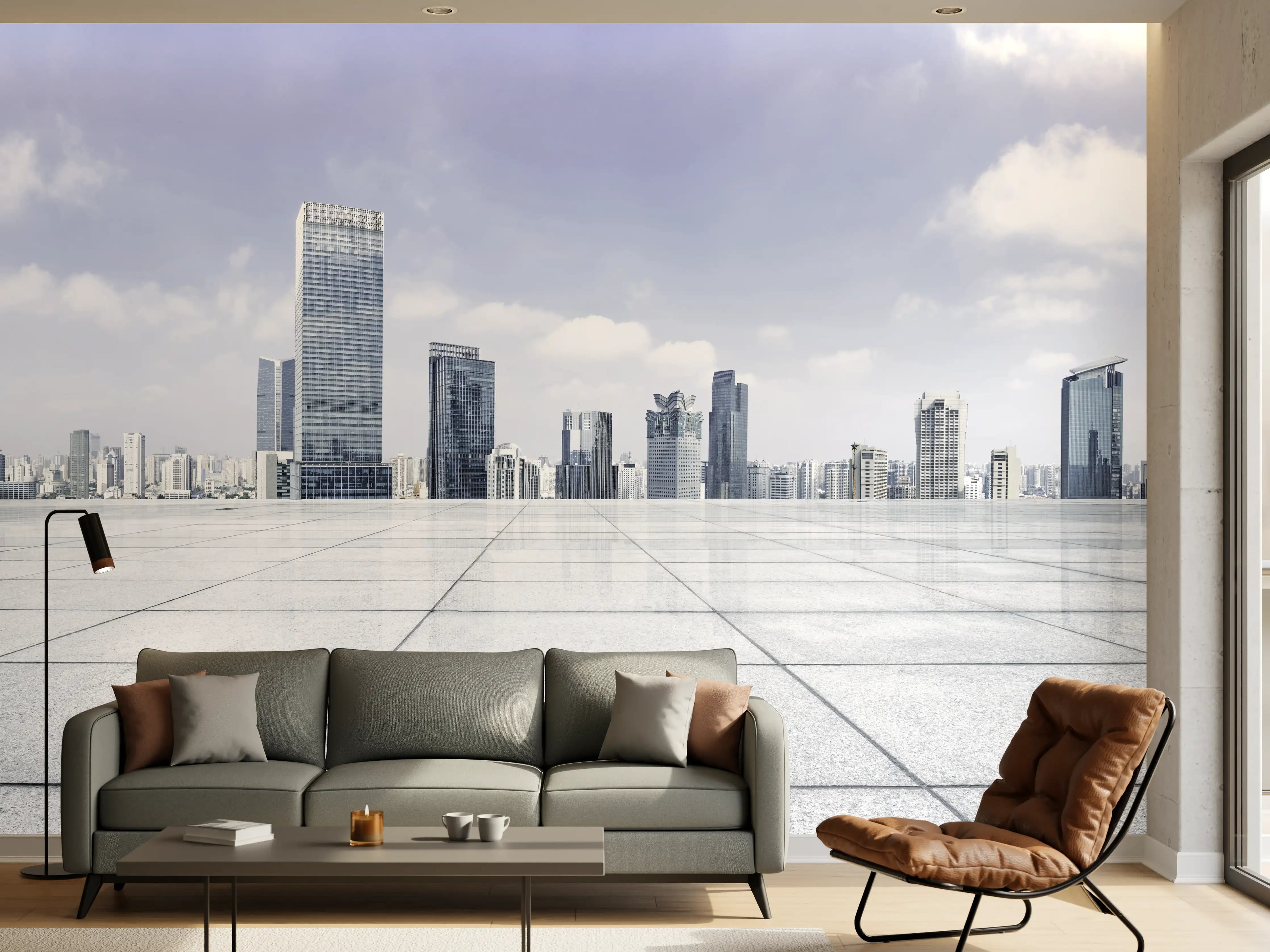 Wandverkleidung Wohnzimmer - Moderner Skyline und Gebäuden