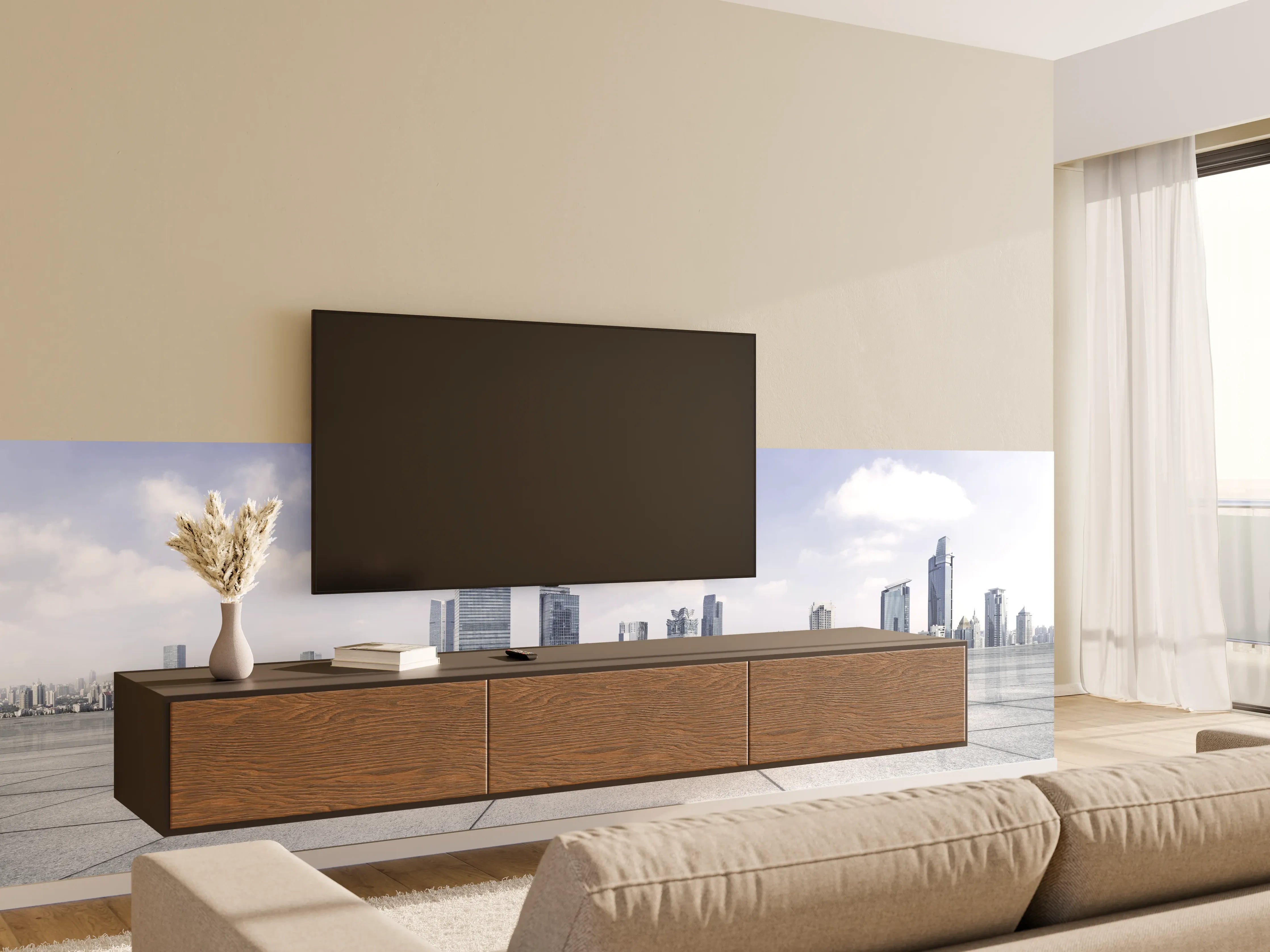 Wandverkleidung Wohnzimmer - Moderner Skyline und Gebäuden