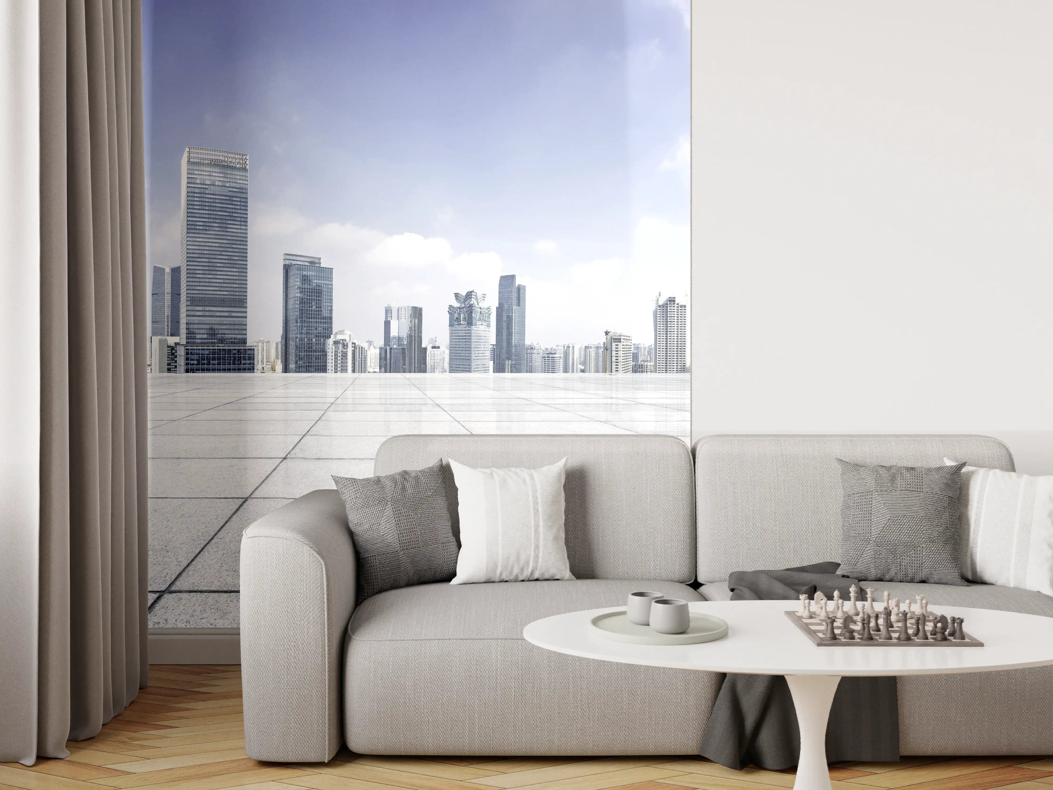 Wandverkleidung Wohnzimmer - Moderner Skyline und Gebäuden