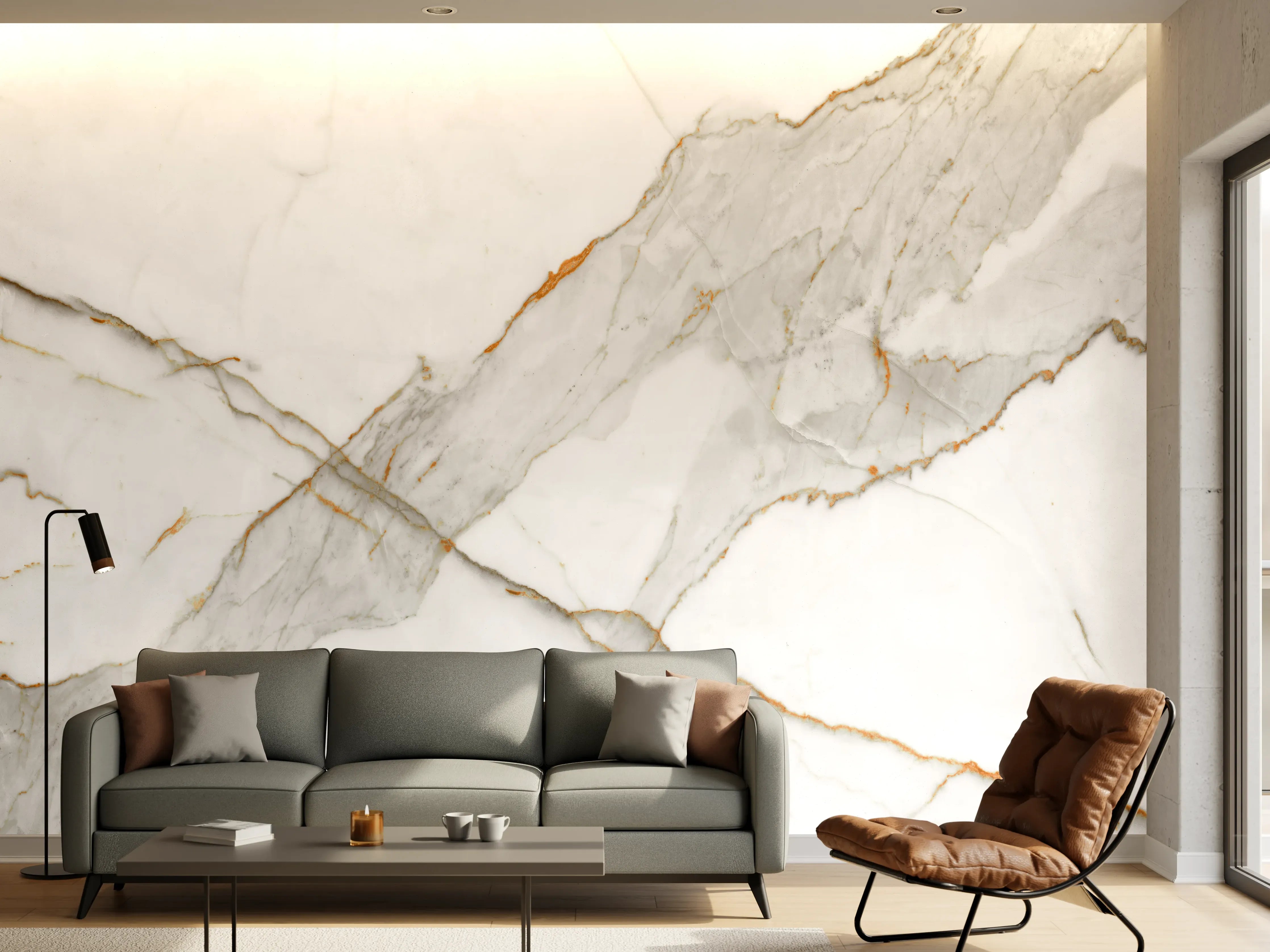 Wandverkleidung Wohnzimmer - Moderner Weiß-Grauer Marmor