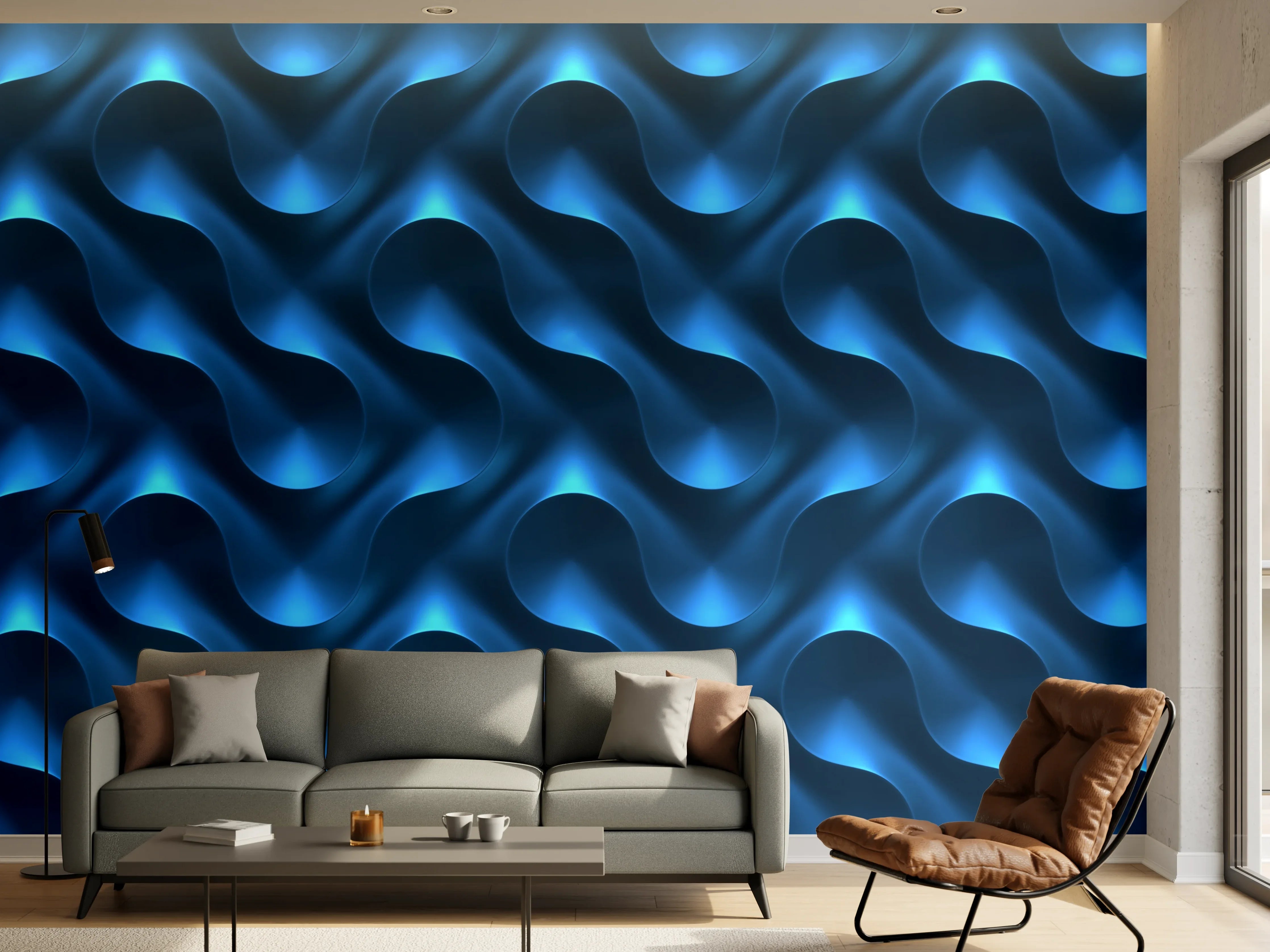 Wandverkleidung Wohnzimmer - Moderner blauer Wandbelag mit Wellenmuster