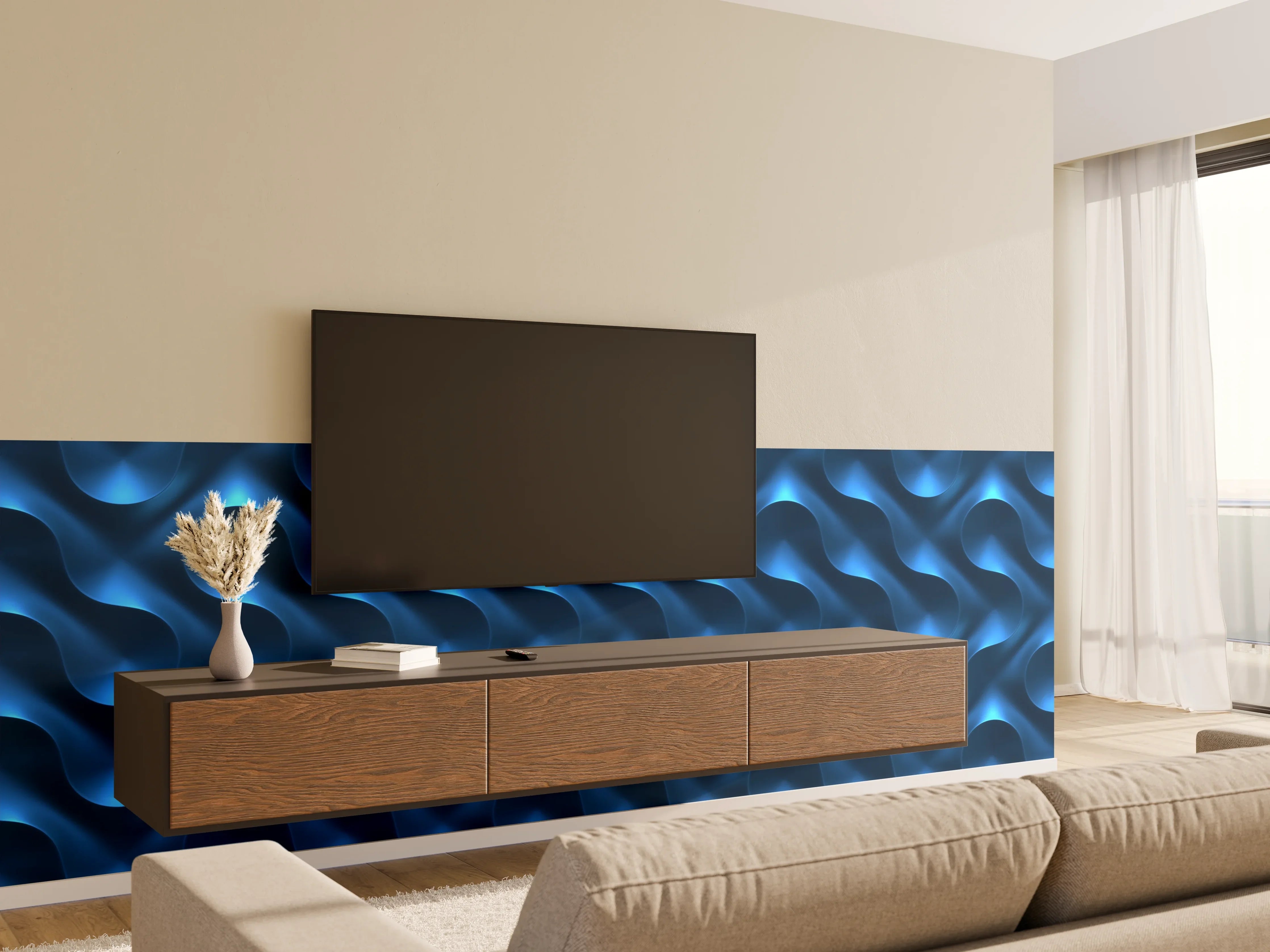 Wandverkleidung Wohnzimmer - Moderner blauer Wandbelag mit Wellenmuster
