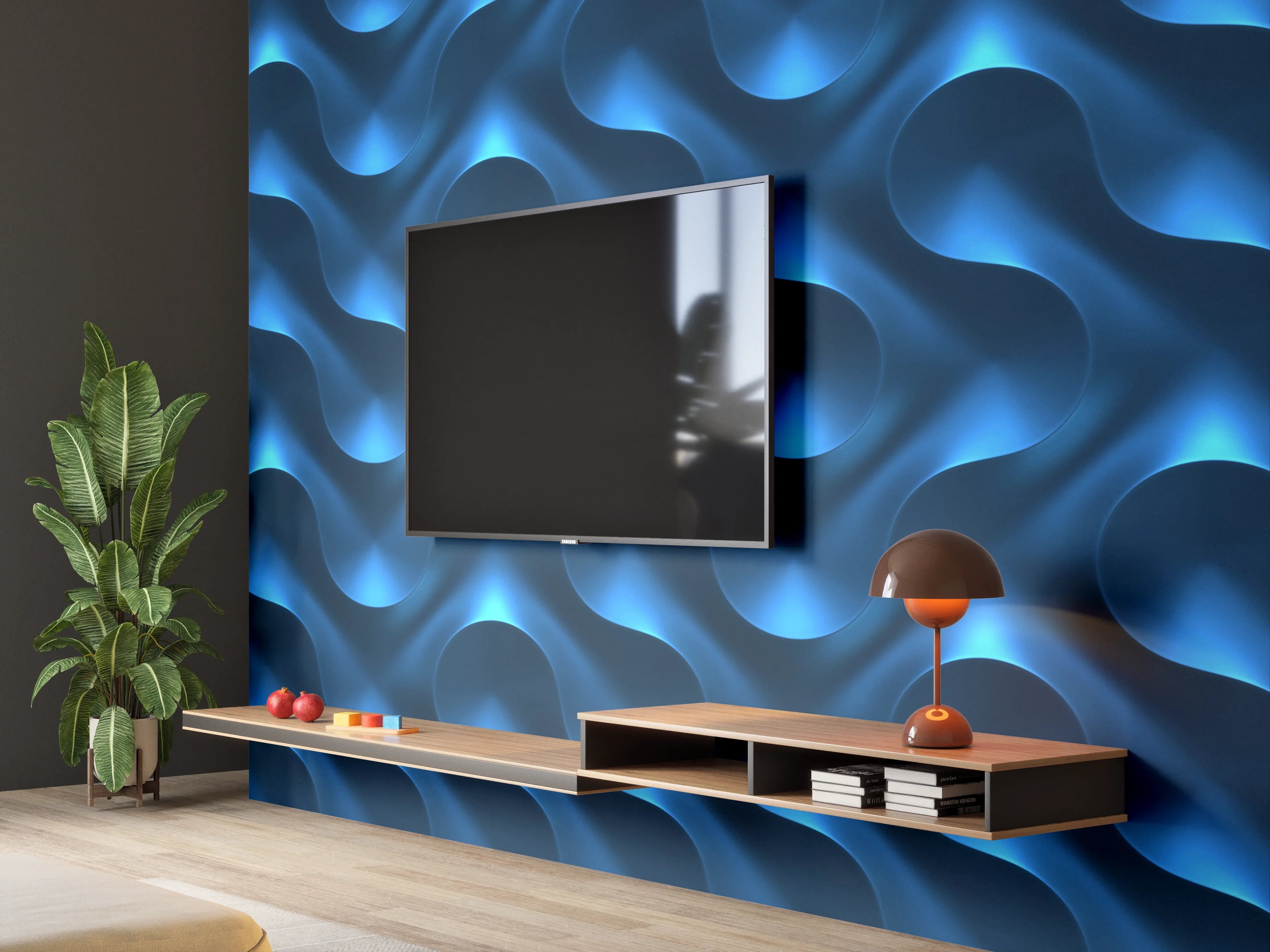 Wandverkleidung Wohnzimmer - Moderner blauer Wandbelag mit Wellenmuster