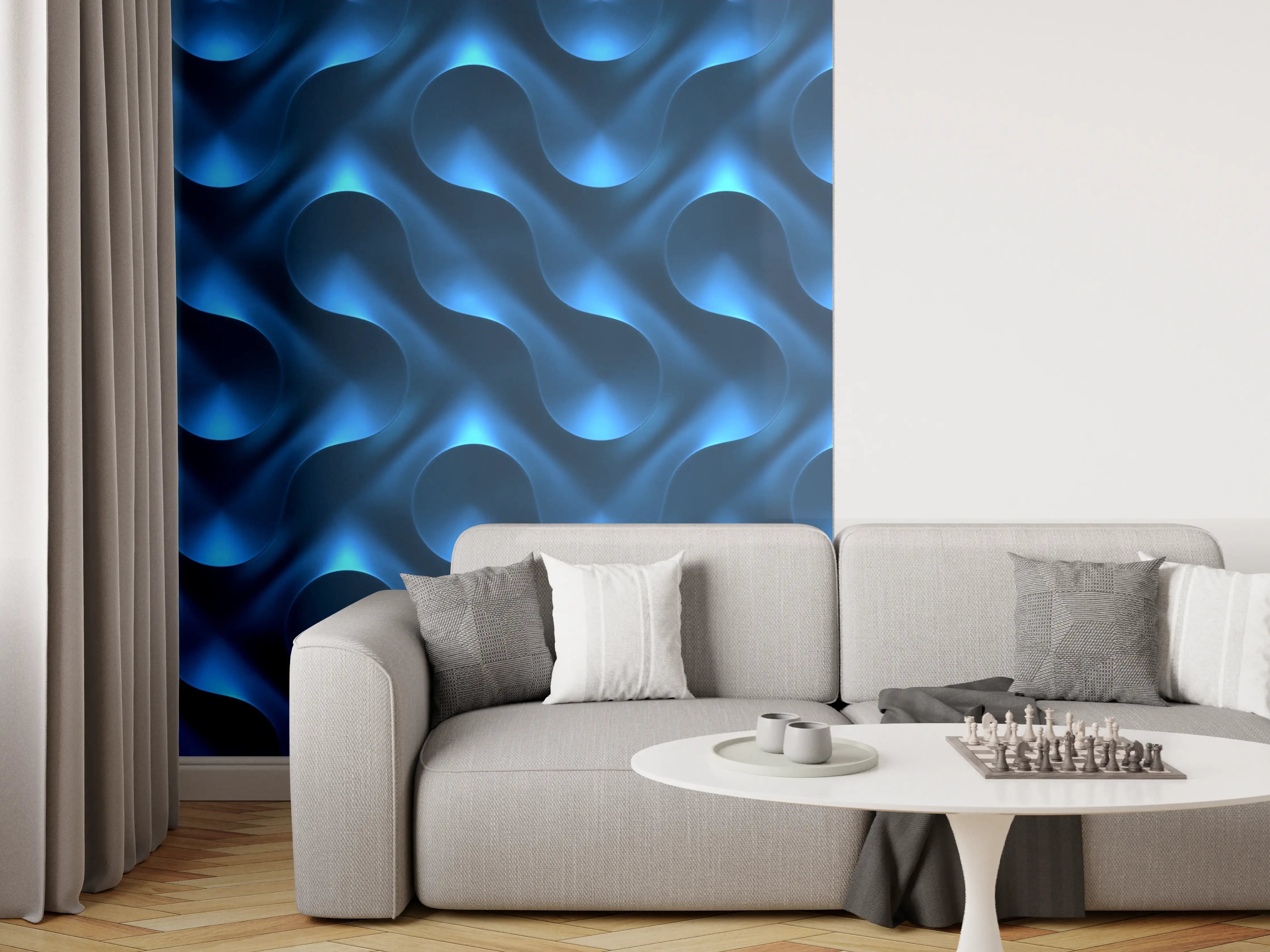 Wandverkleidung Wohnzimmer - Moderner blauer Wandbelag mit Wellenmuster