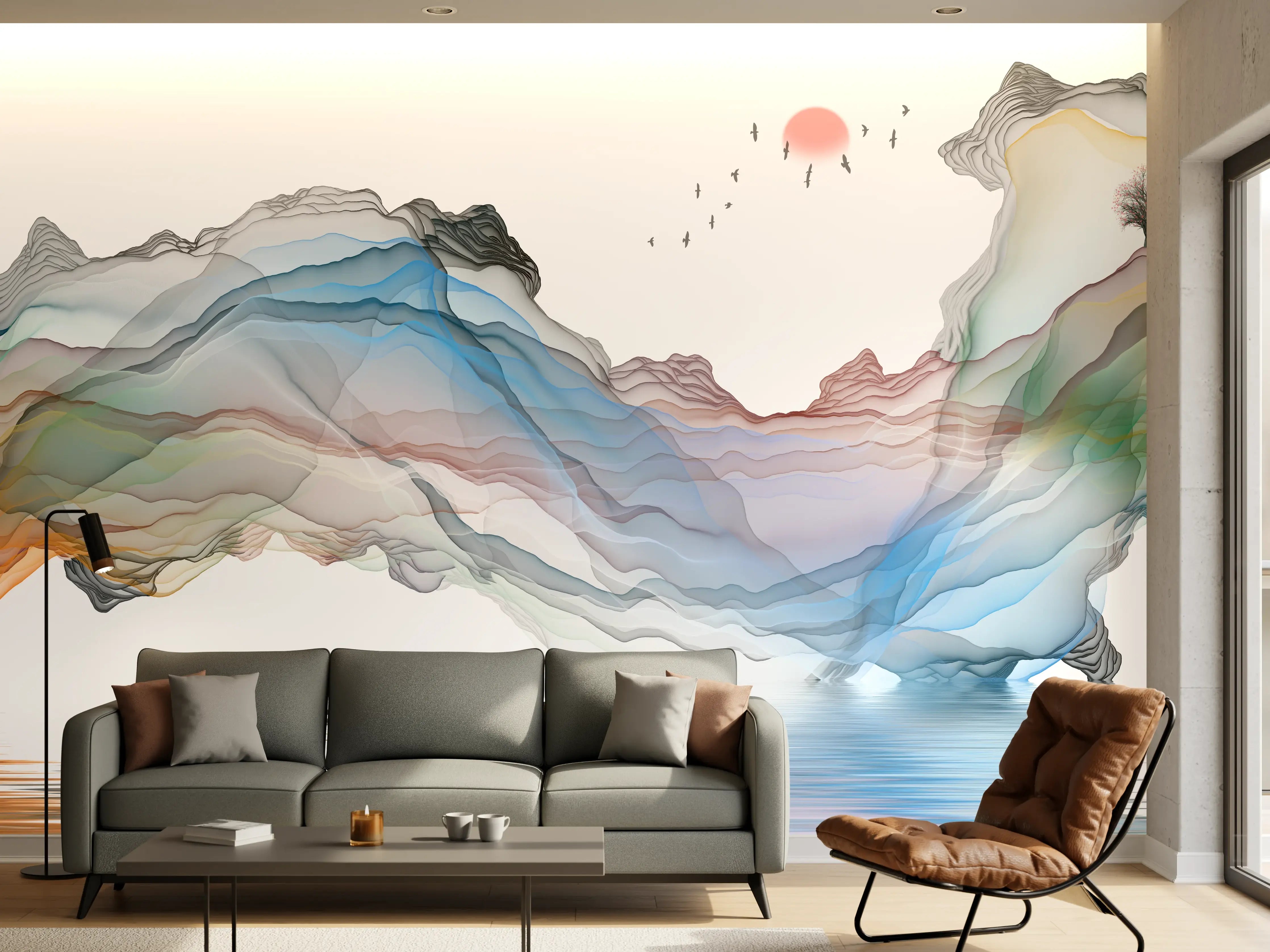 Wandverkleidung Wohnzimmer - Modernes Wasserfarben Gemälde Boot Vögel See