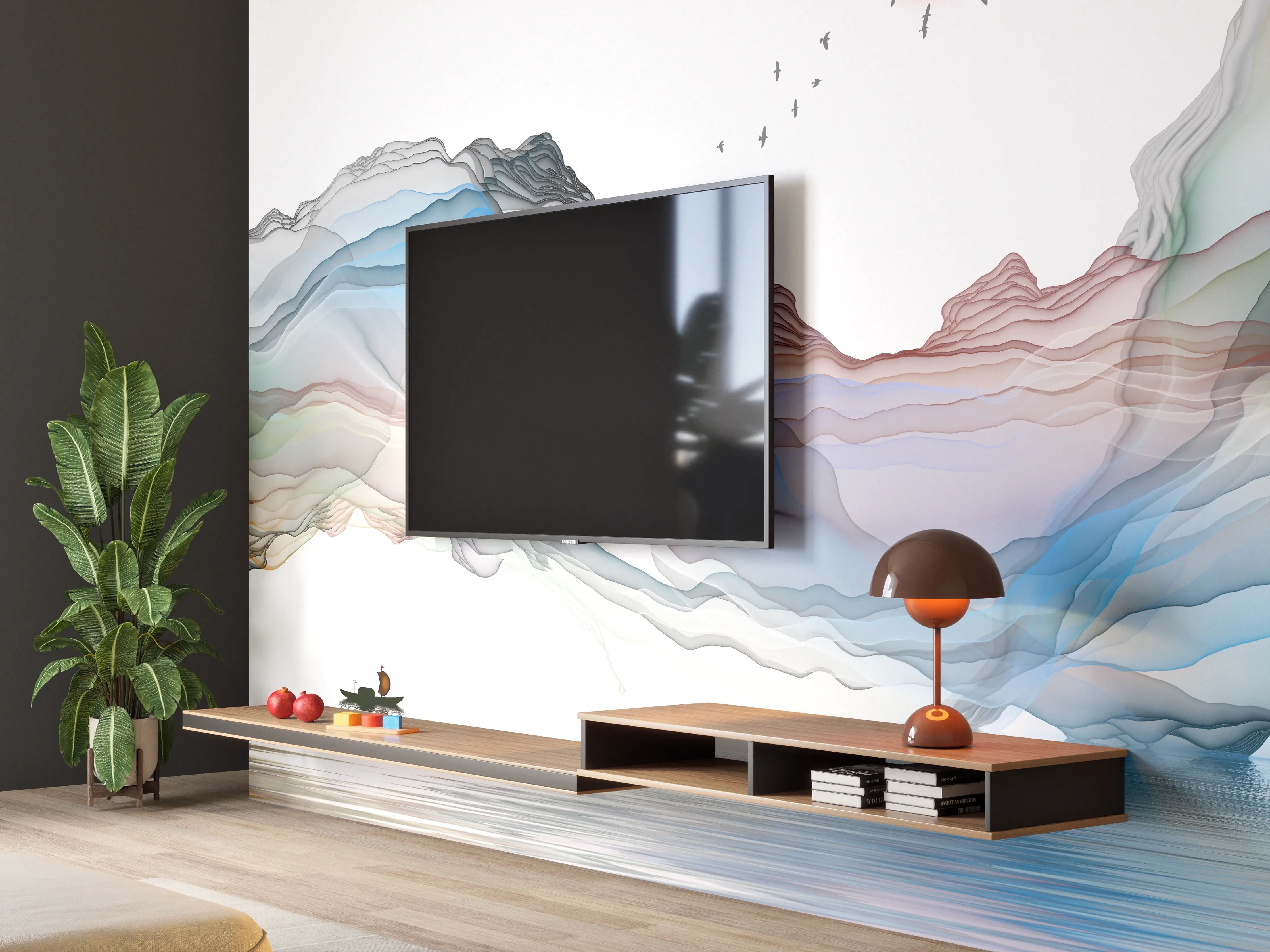 Wandverkleidung Wohnzimmer - Modernes Wasserfarben Gemälde Boot Vögel See