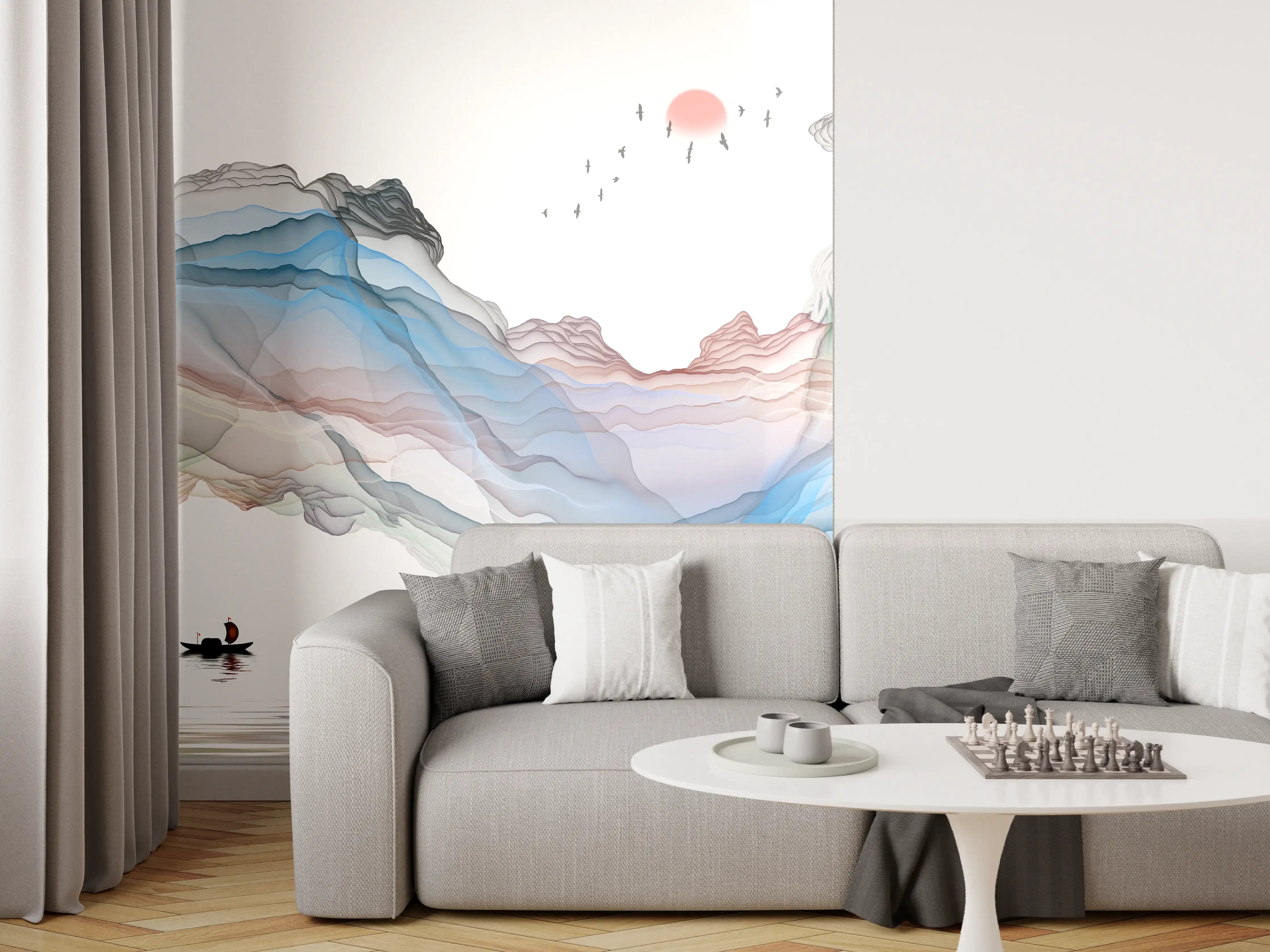 Wandverkleidung Wohnzimmer - Modernes Wasserfarben Gemälde Boot Vögel See