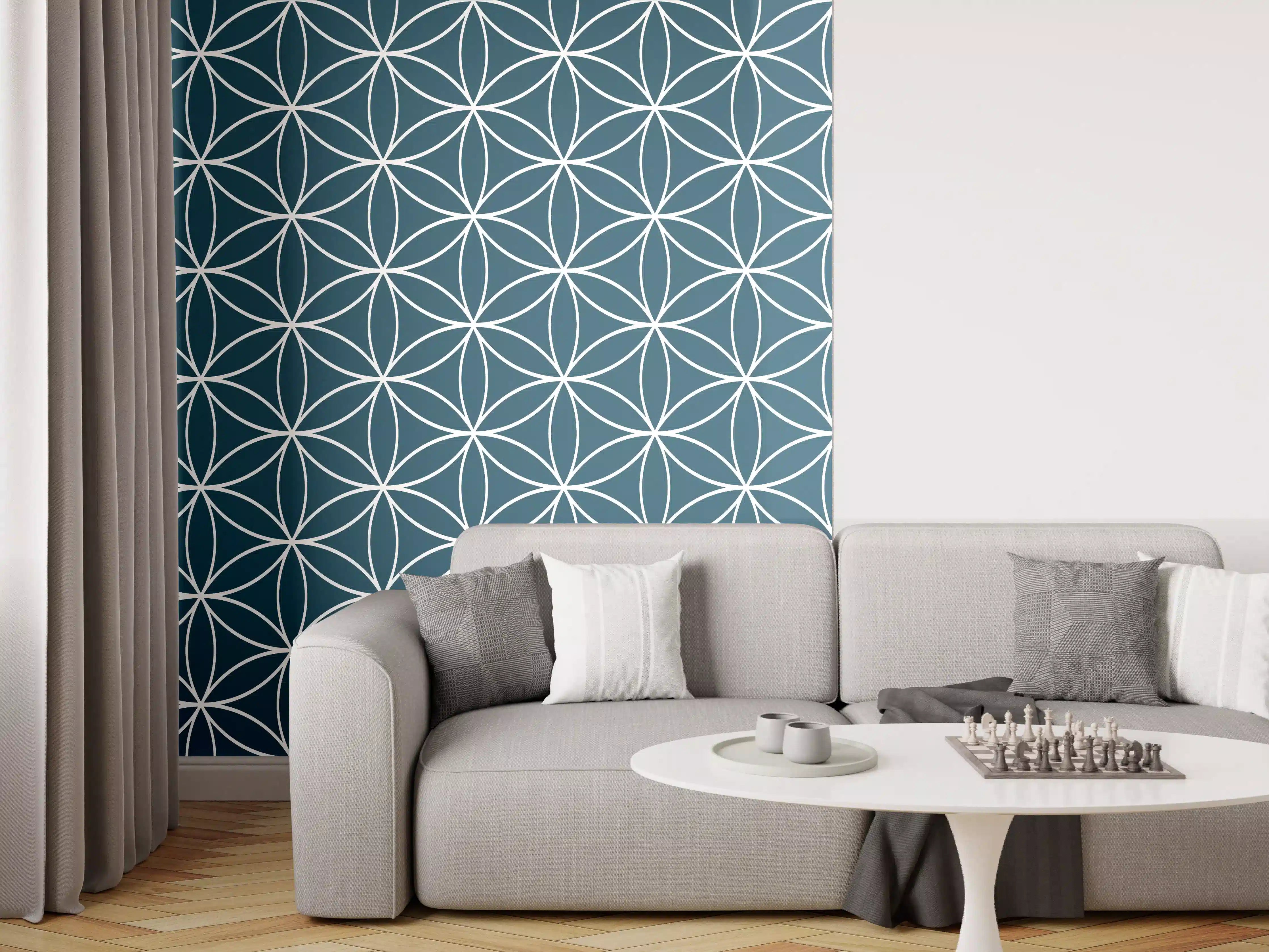 Wandverkleidung Wohnzimmer - Modernes geometrisches Muster in Blau und Weiß