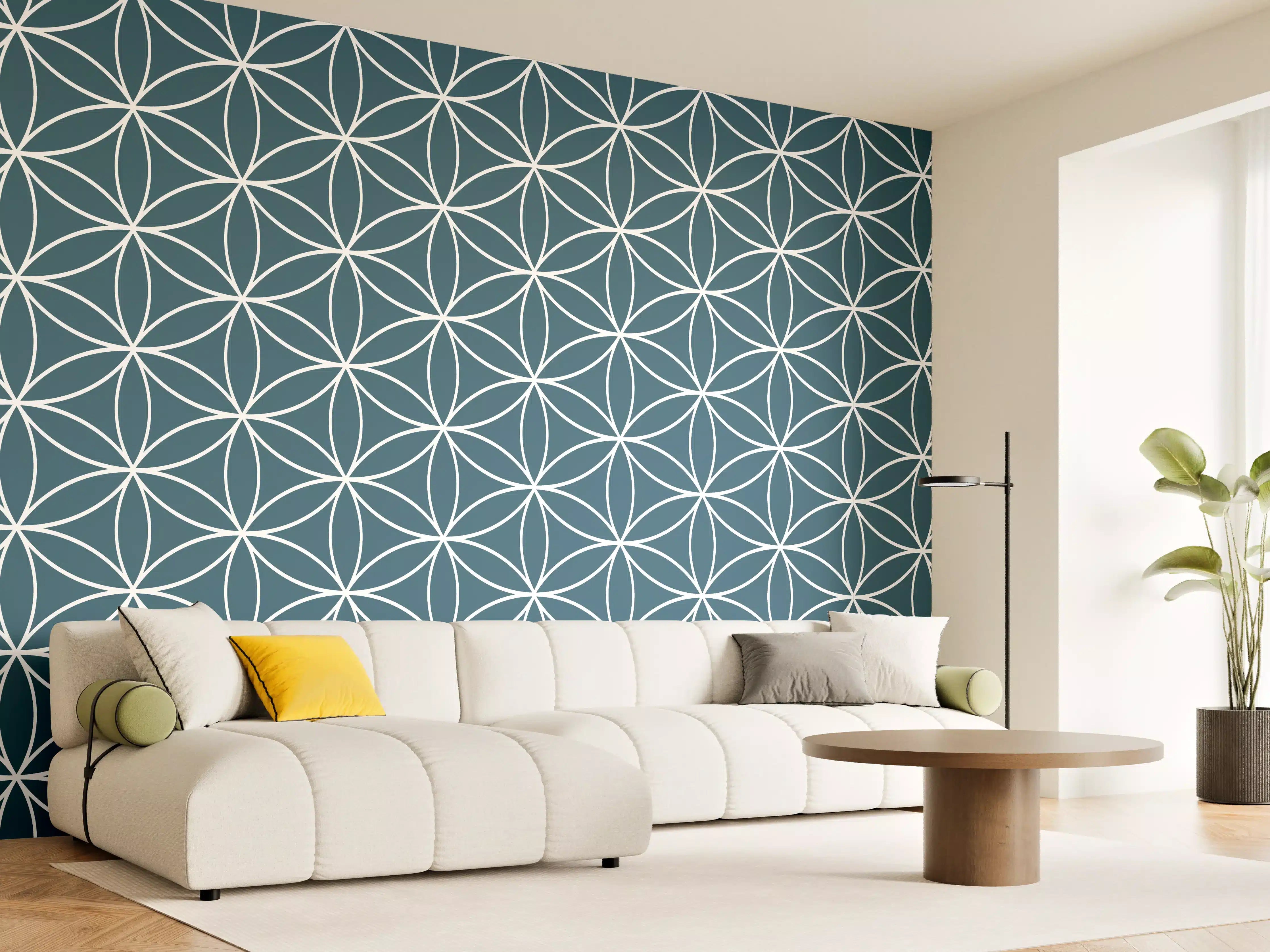 Wandverkleidung Wohnzimmer - Modernes geometrisches Muster in Blau und Weiß