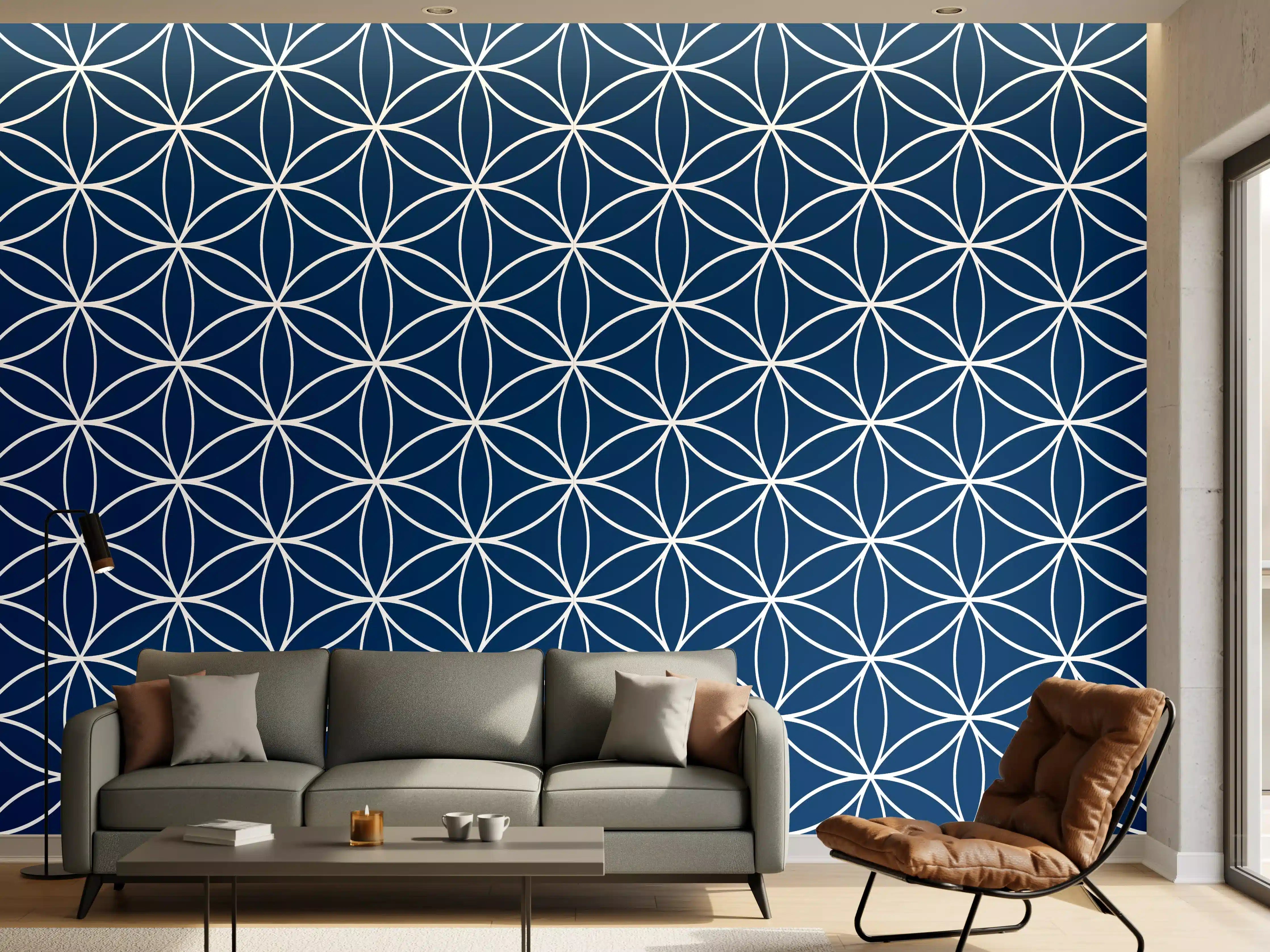 Wandverkleidung Wohnzimmer - Modisches blautöniges geometrisches Muster