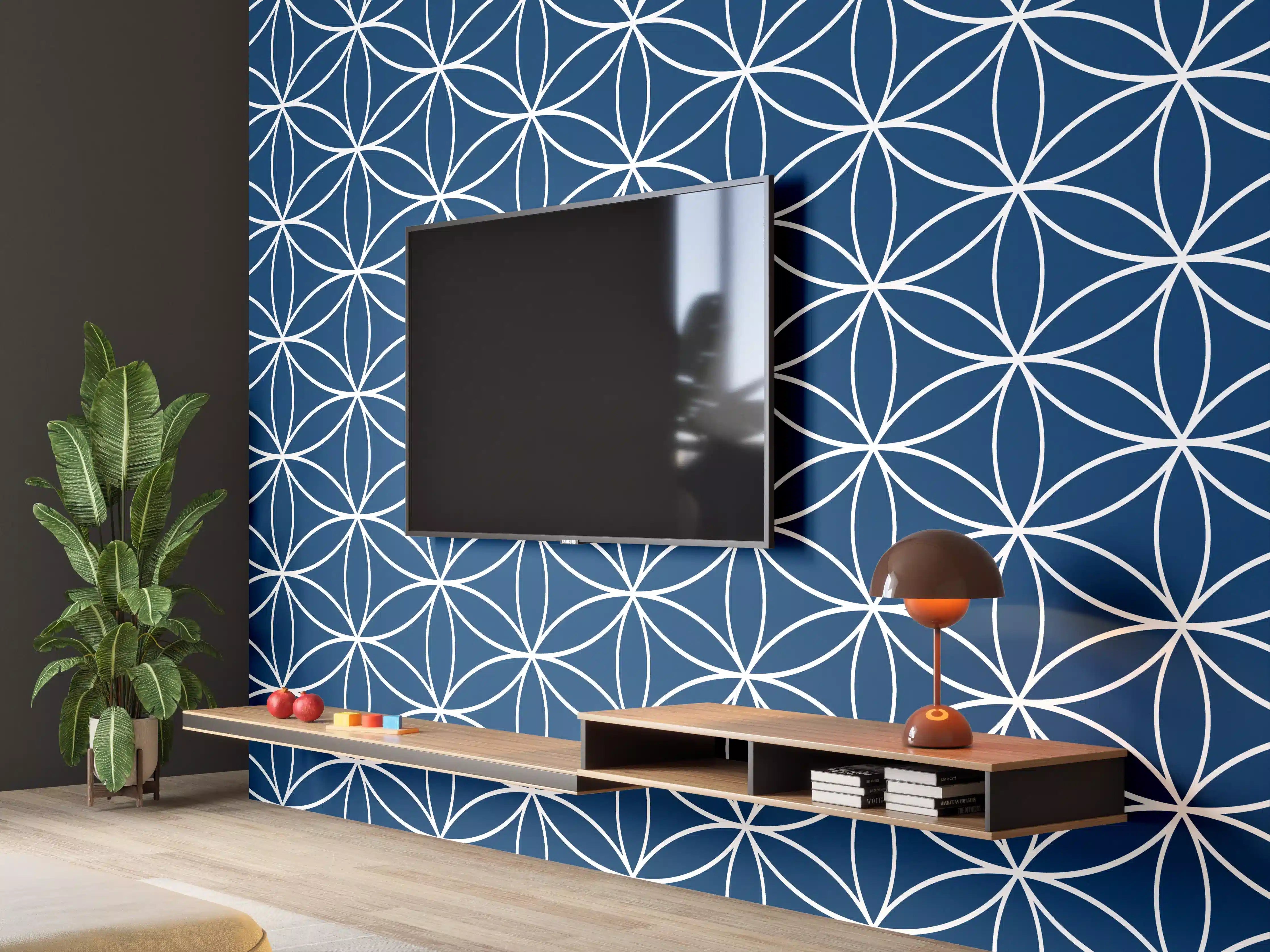 Wandverkleidung Wohnzimmer - Modisches blautöniges geometrisches Muster