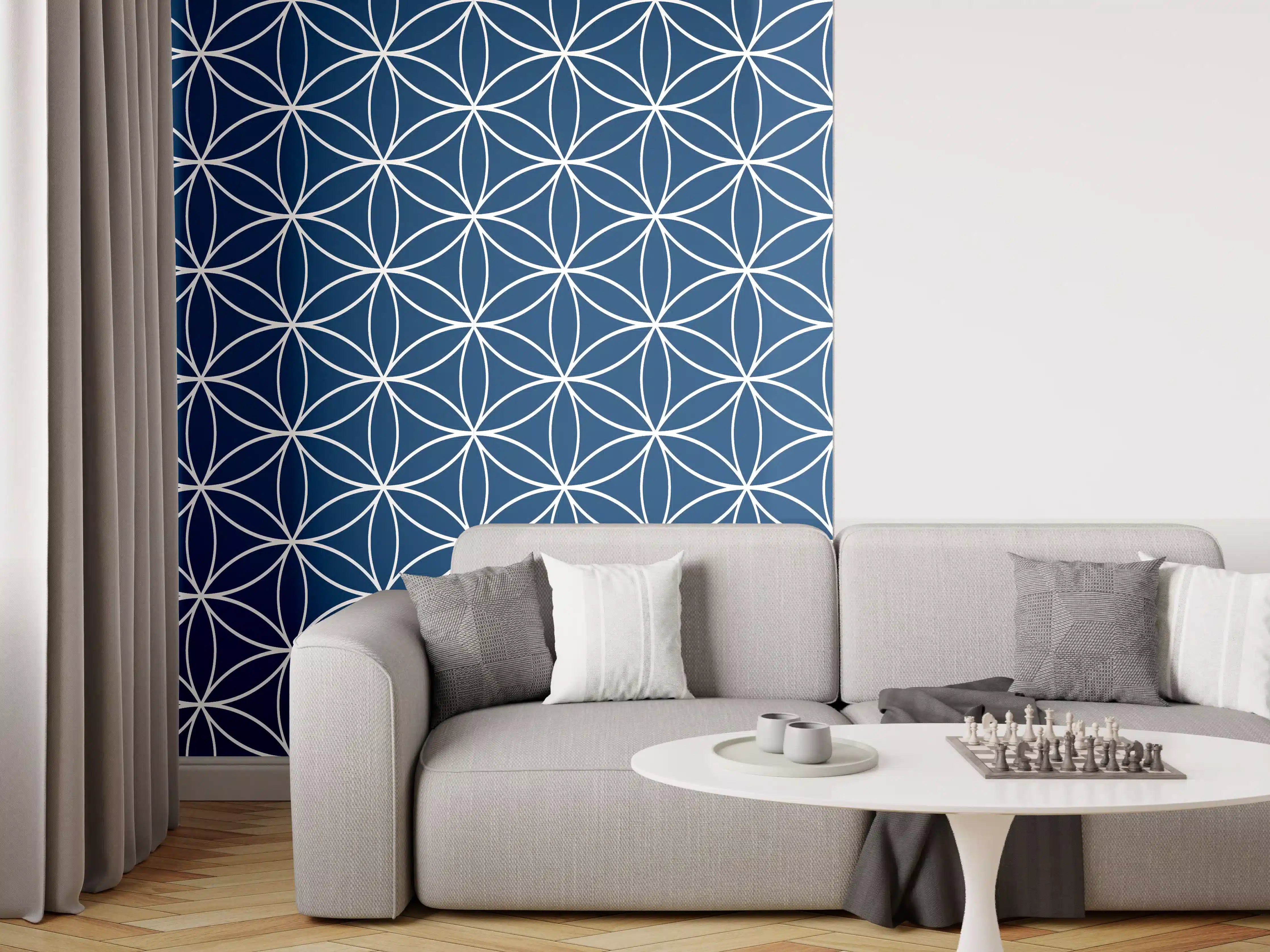 Wandverkleidung Wohnzimmer - Modisches blautöniges geometrisches Muster