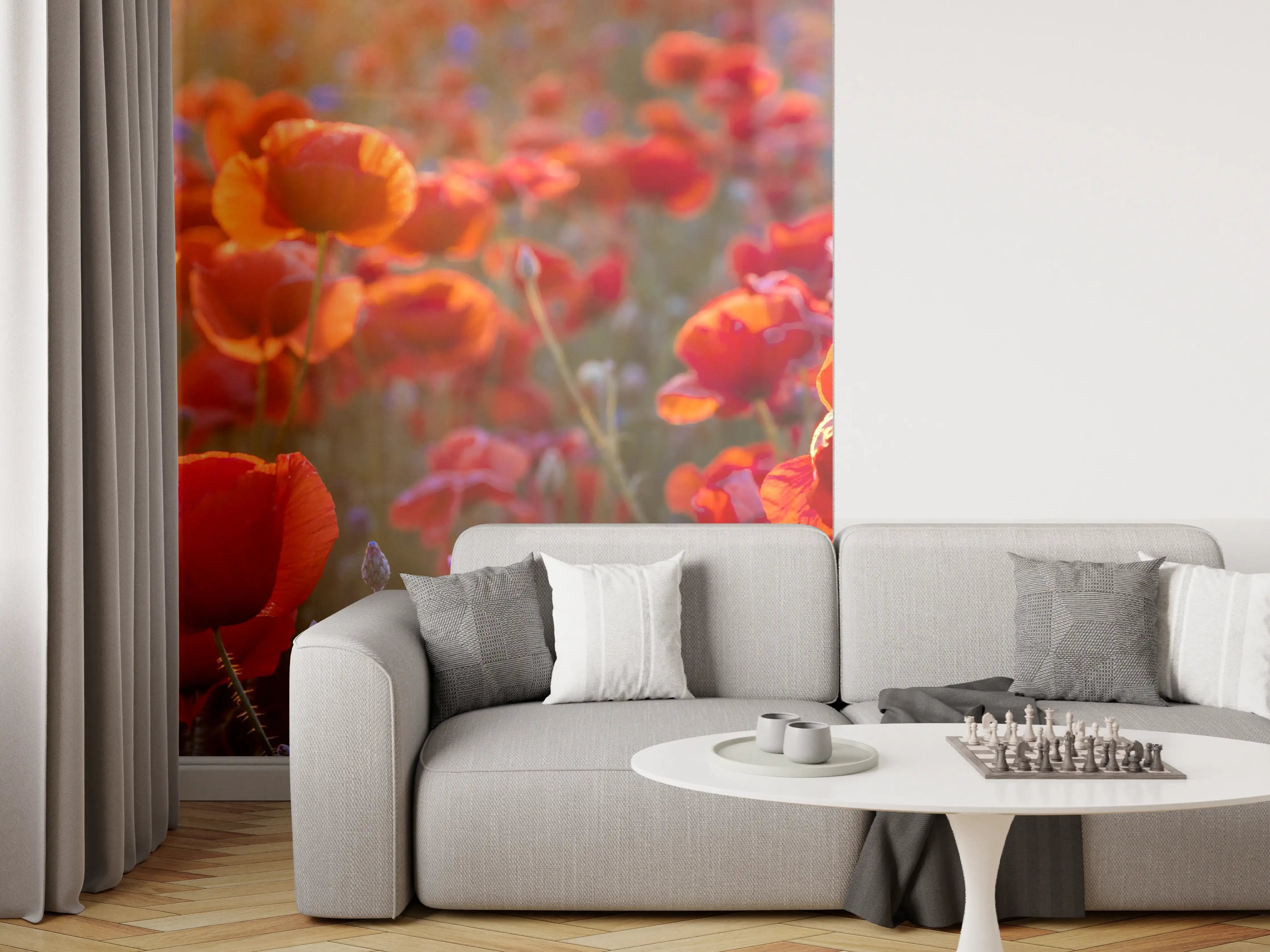 Wandverkleidung Wohnzimmer - Mohnwiese im Licht der untergehenden Sonne