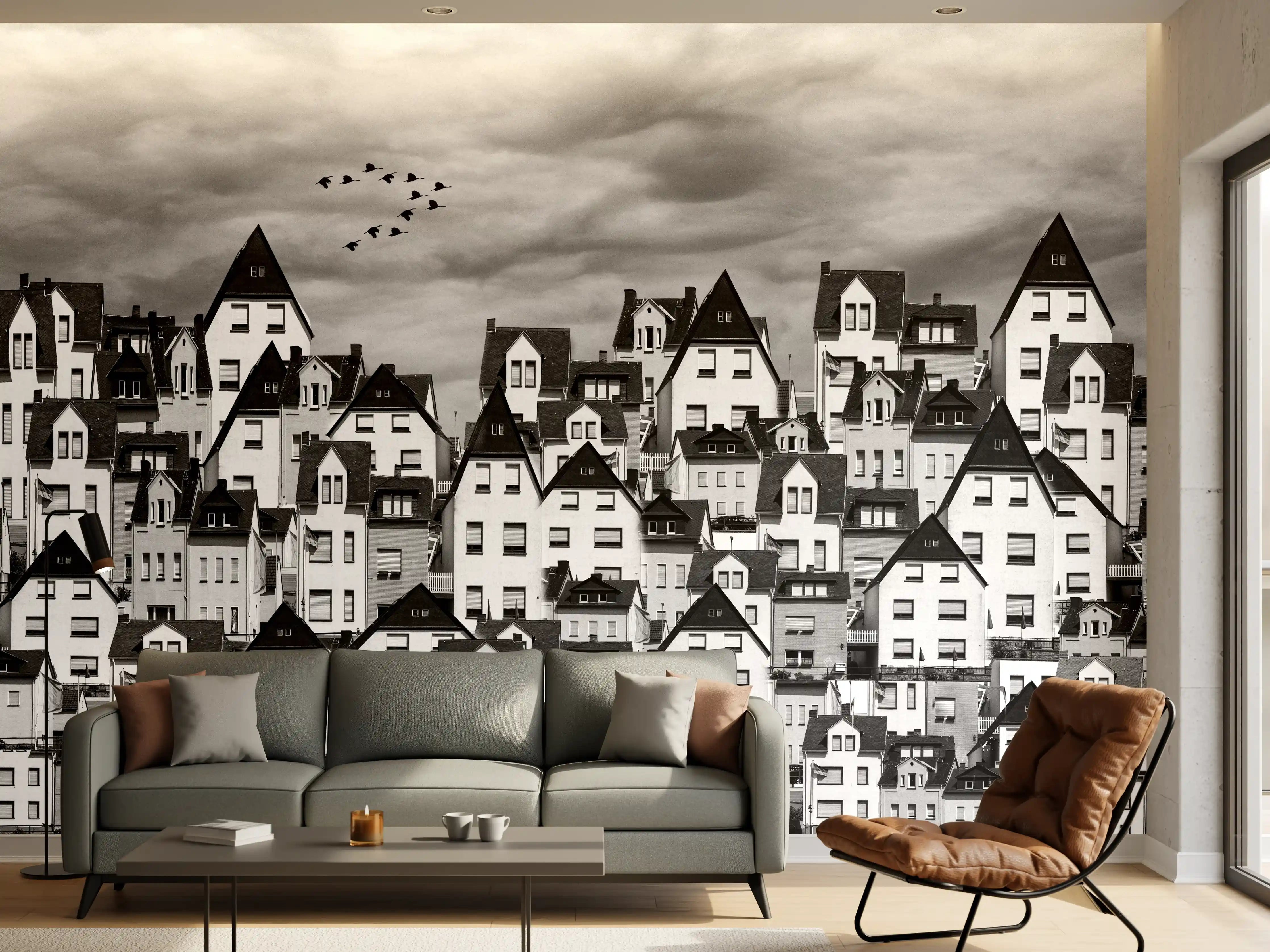 Wandverkleidung Wohnzimmer - Monochrome Stadtansicht