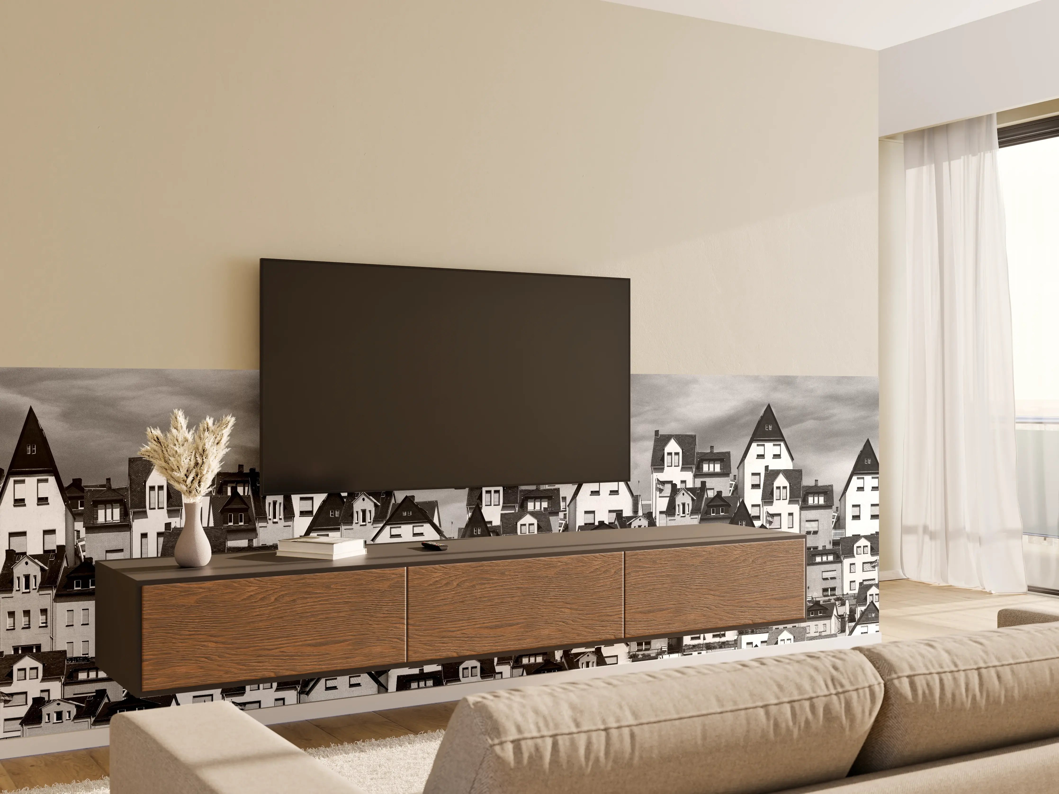 Wandverkleidung Wohnzimmer - Monochrome Stadtansicht