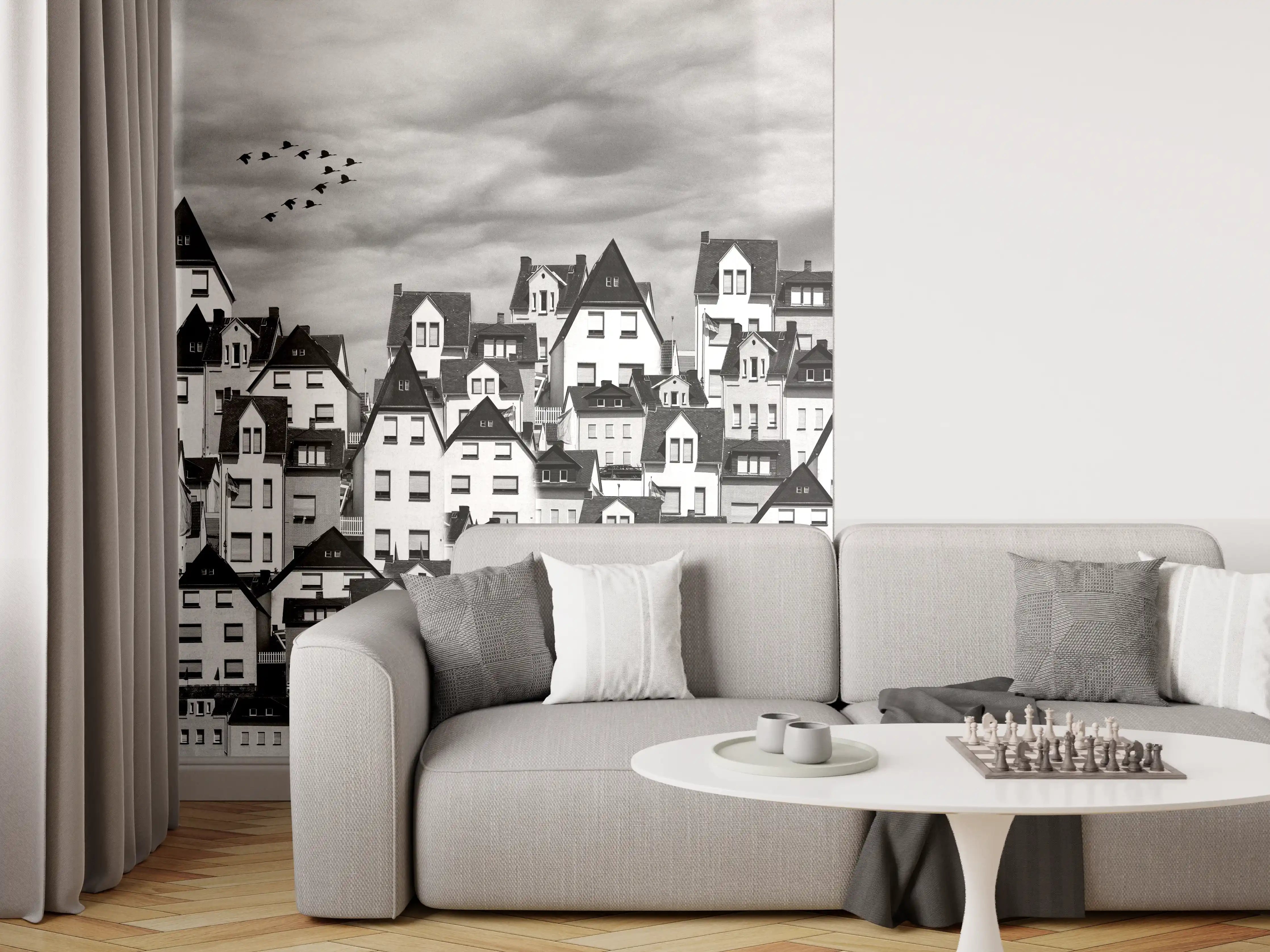 Wandverkleidung Wohnzimmer - Monochrome Stadtansicht