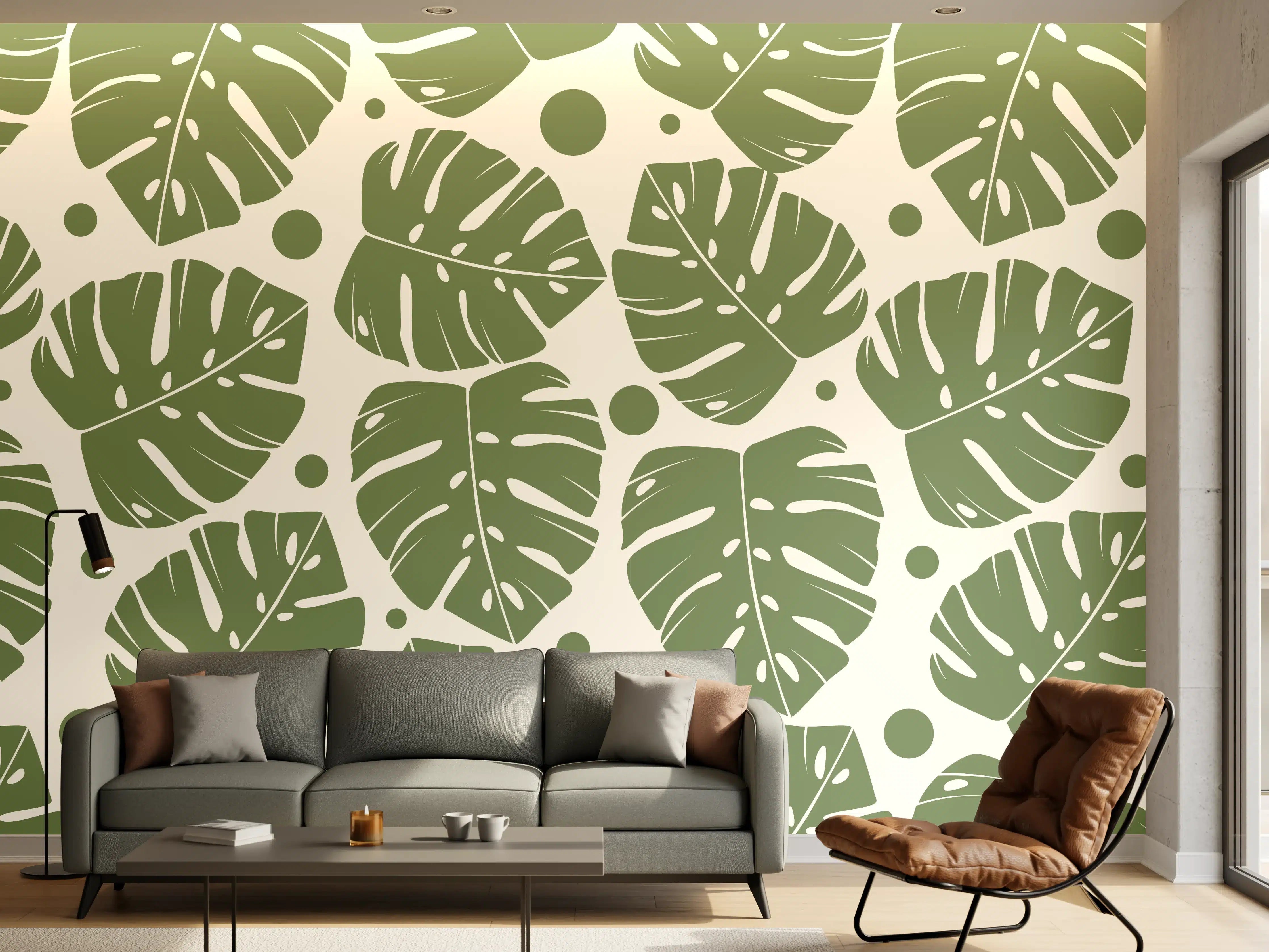 Wandverkleidung Wohnzimmer - Monstera-Blätter Cremegrün