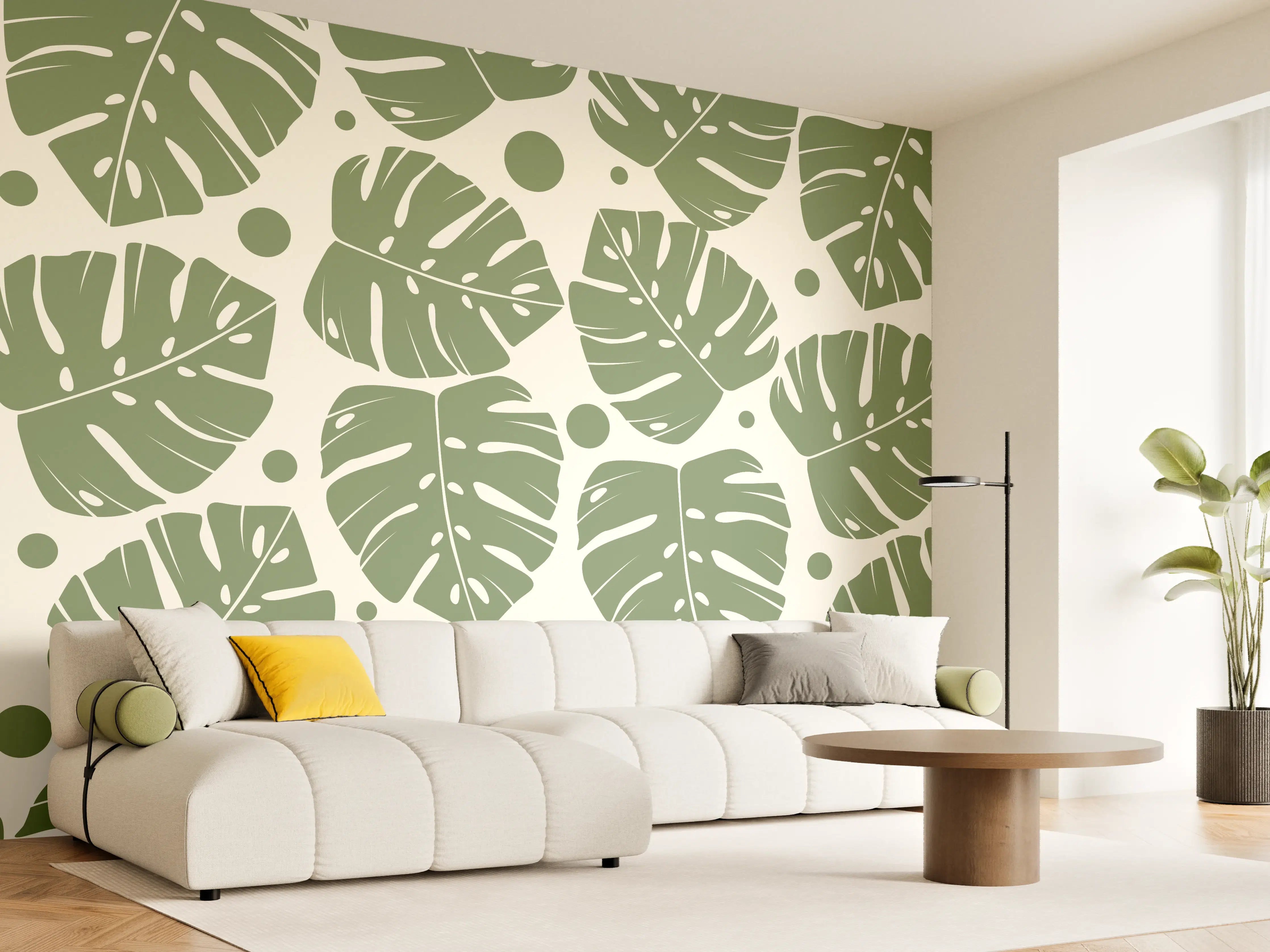 Wandverkleidung Wohnzimmer - Monstera-Blätter Cremegrün