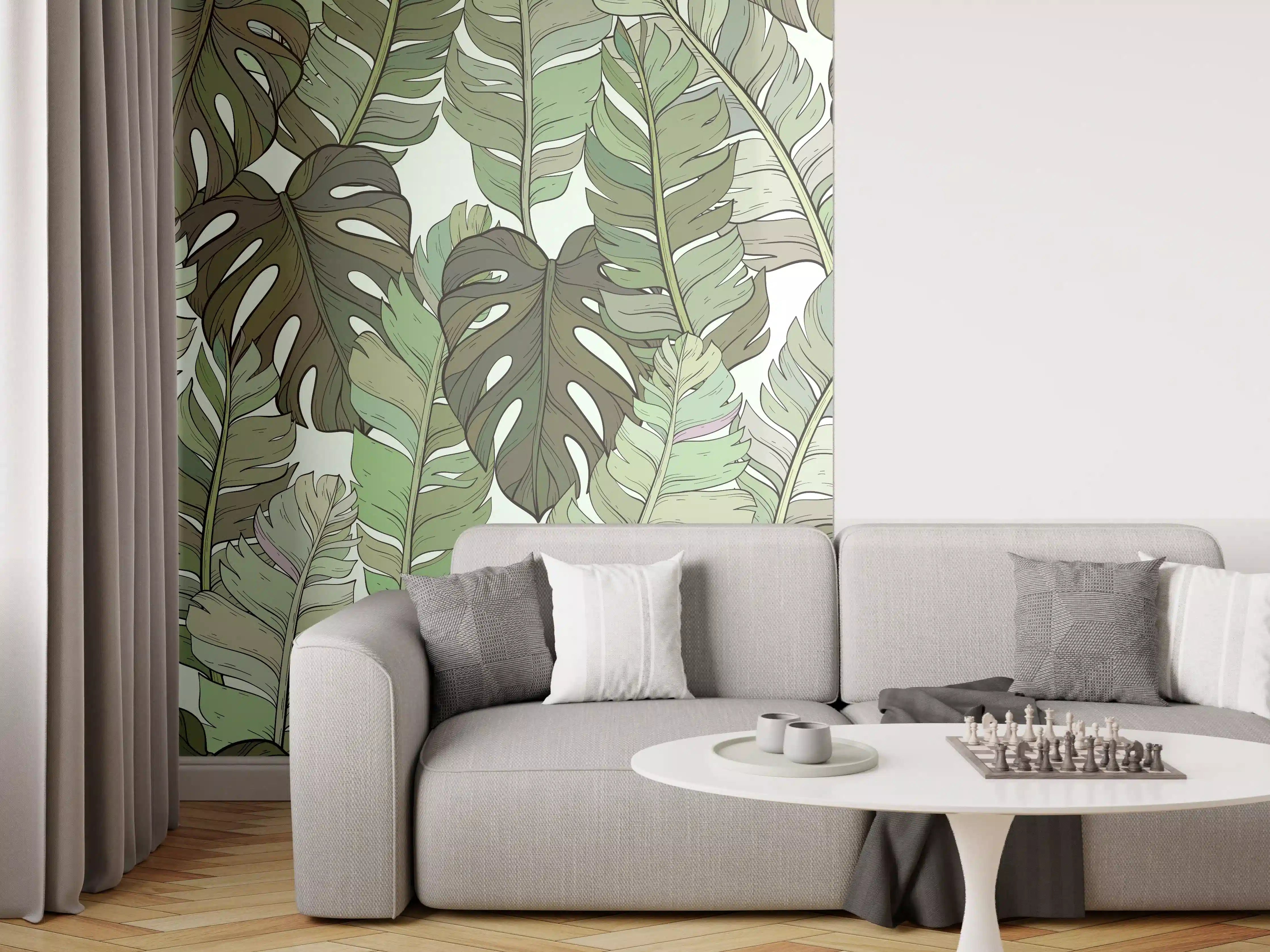 Wandverkleidung Wohnzimmer - Monstera-Blätter – Tropische Eleganz