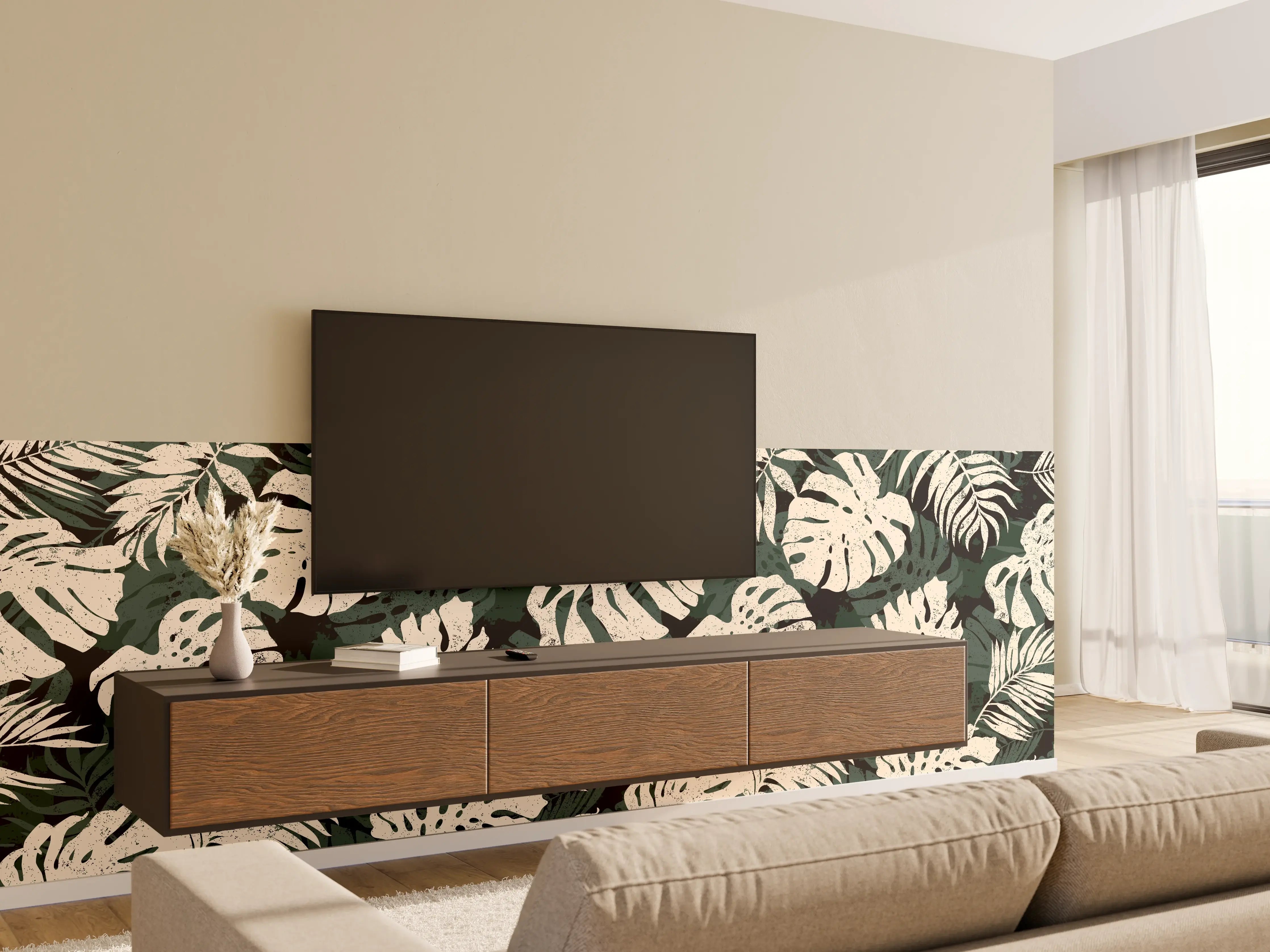 Wandverkleidung Wohnzimmer - Monstera Blattmuster Grün-Beige