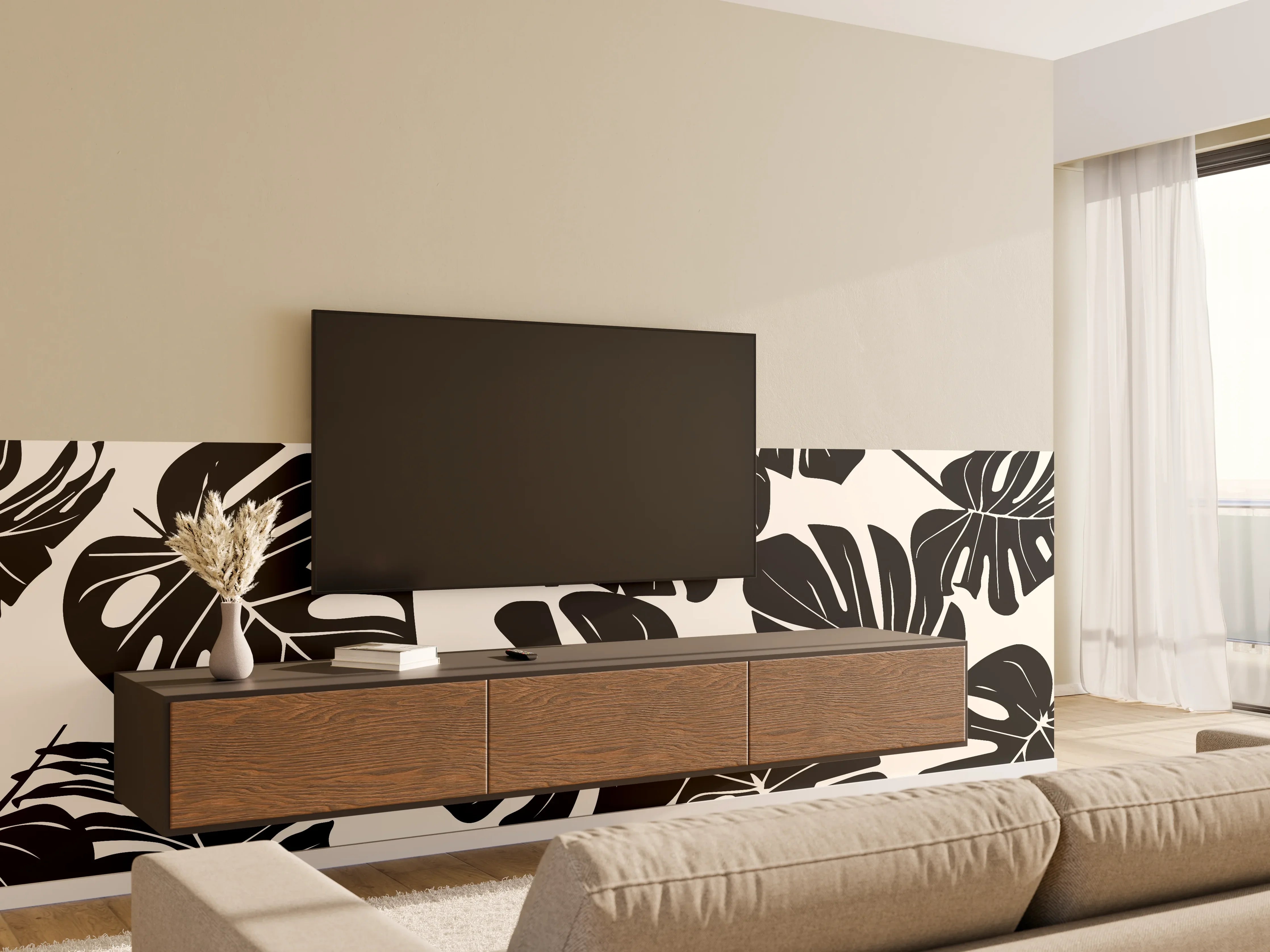 Wandverkleidung Wohnzimmer - Monstera Schwarz-Beige Muster