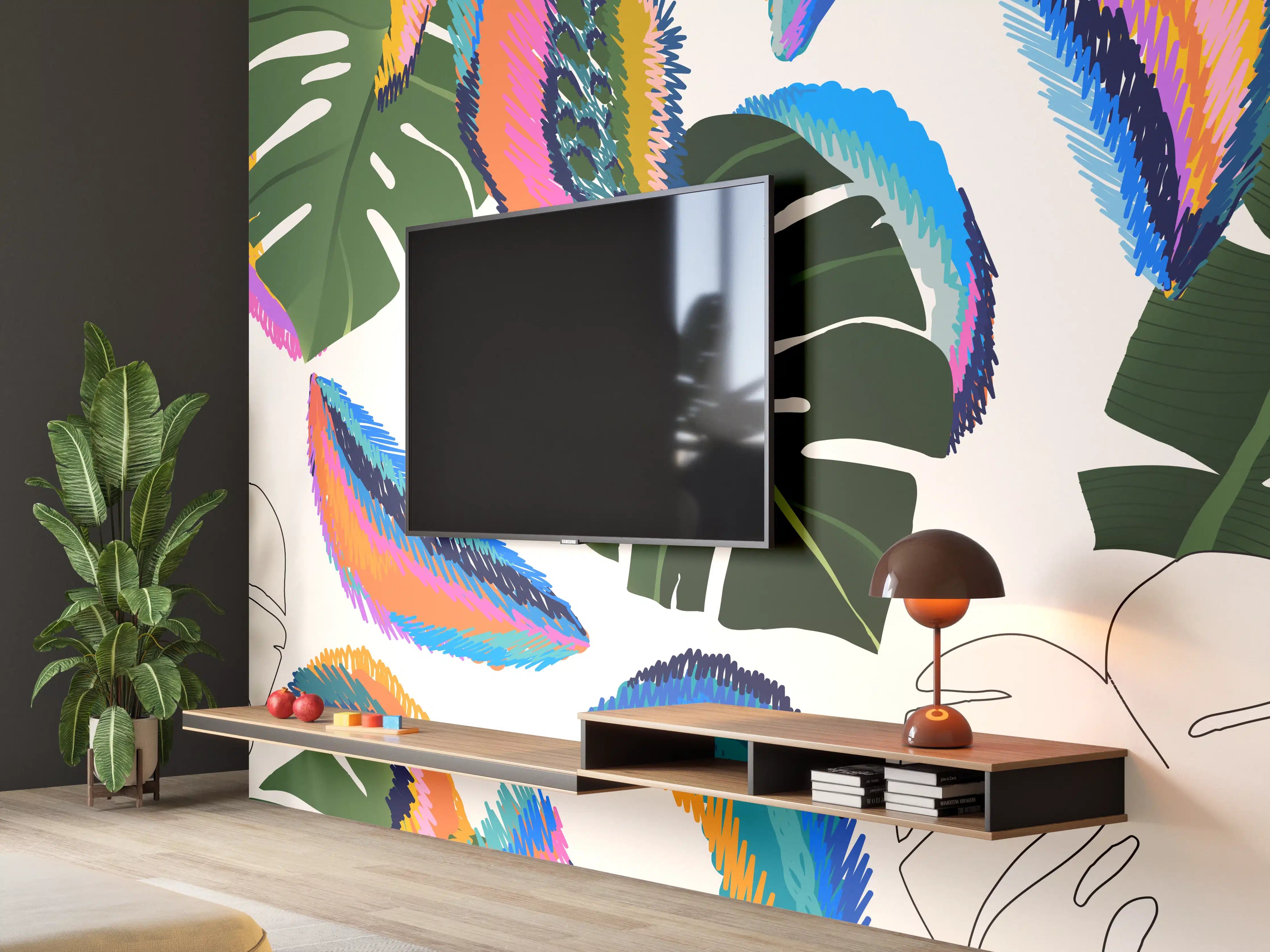 Wandverkleidung Wohnzimmer - Monstera Tropic Bunte Blätter