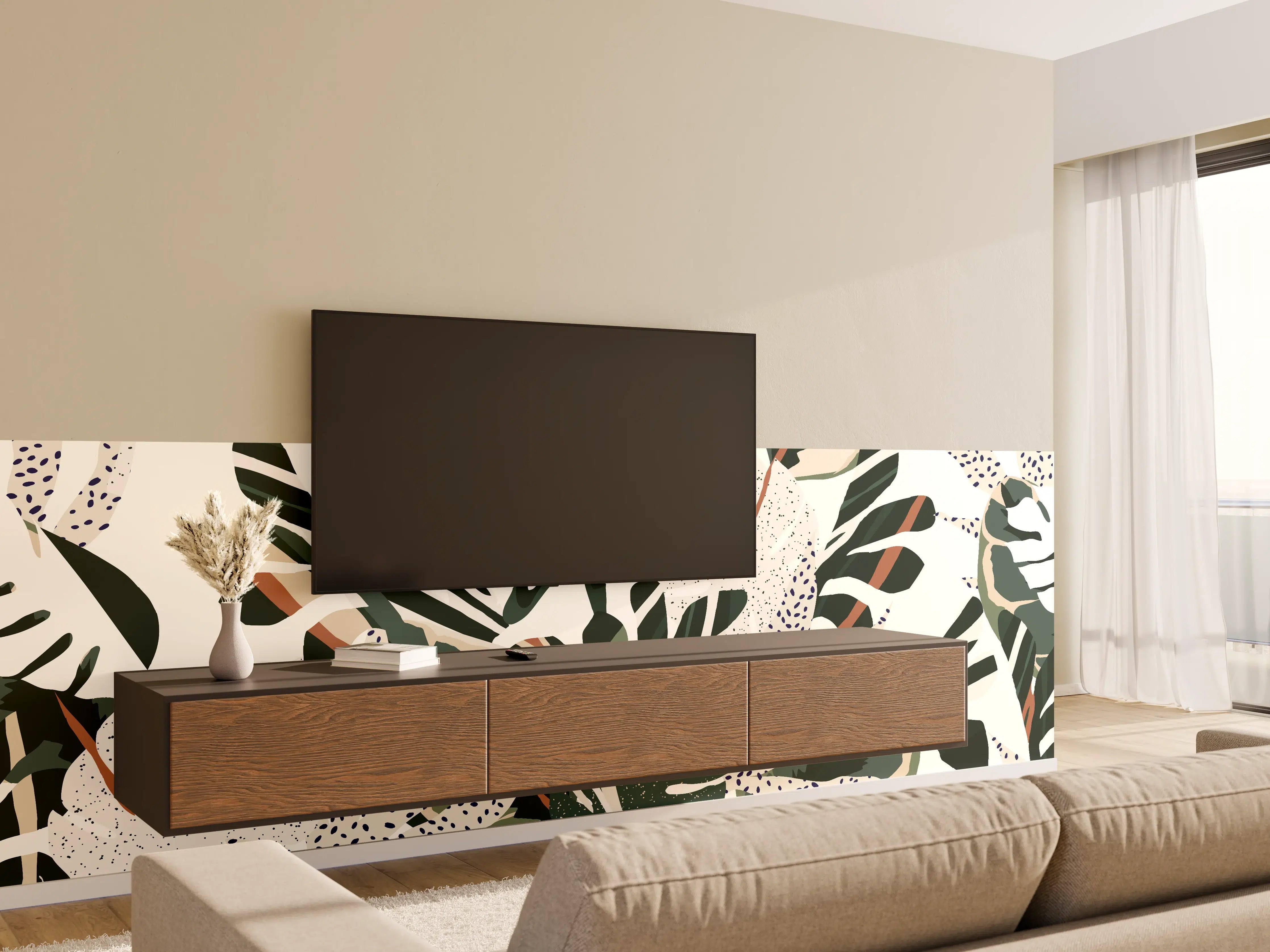 Wandverkleidung Wohnzimmer - Monstera Tropic Grün-Beige