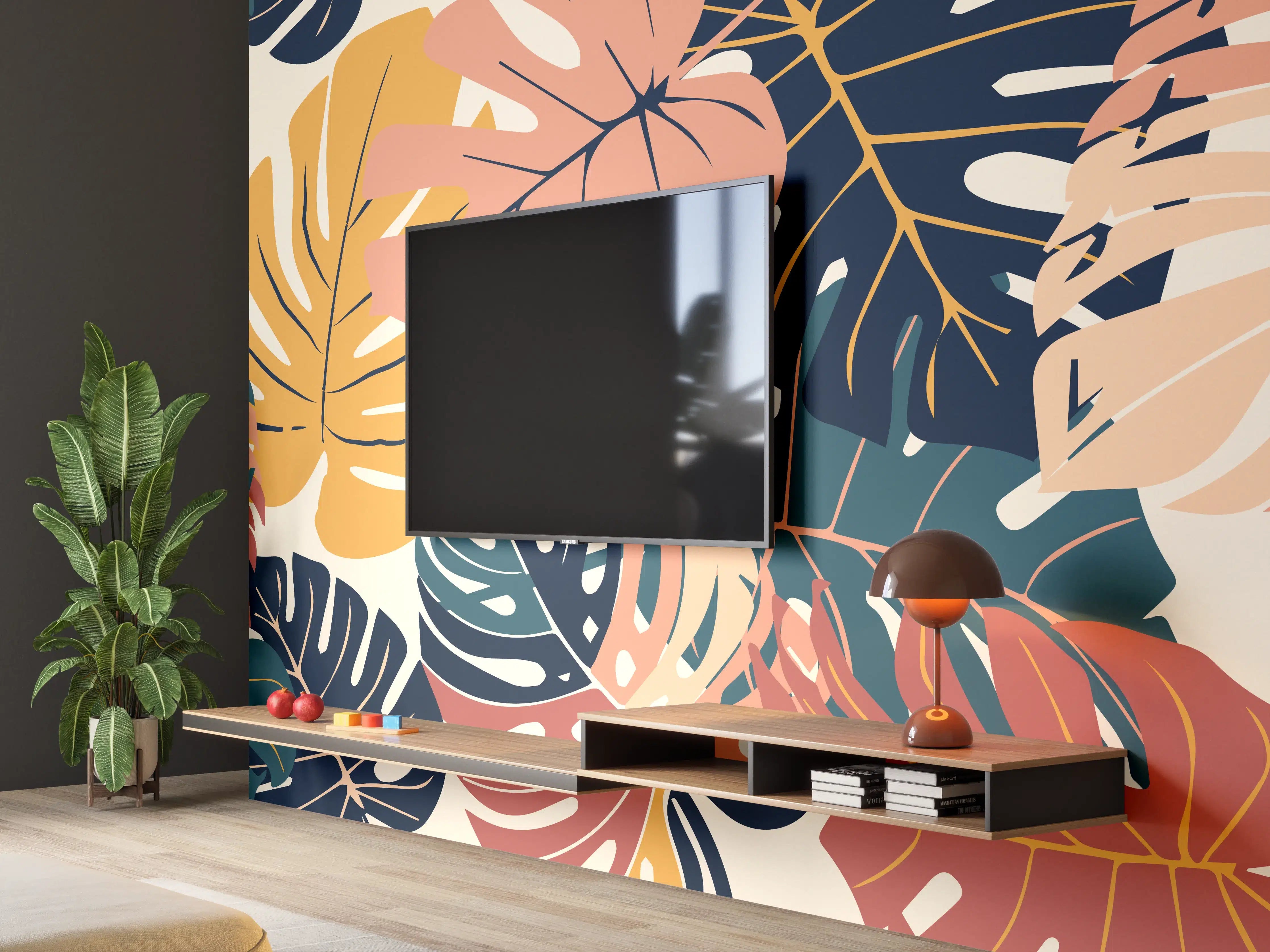 Wandverkleidung Wohnzimmer - Monstera Tropic Koralle Türkis