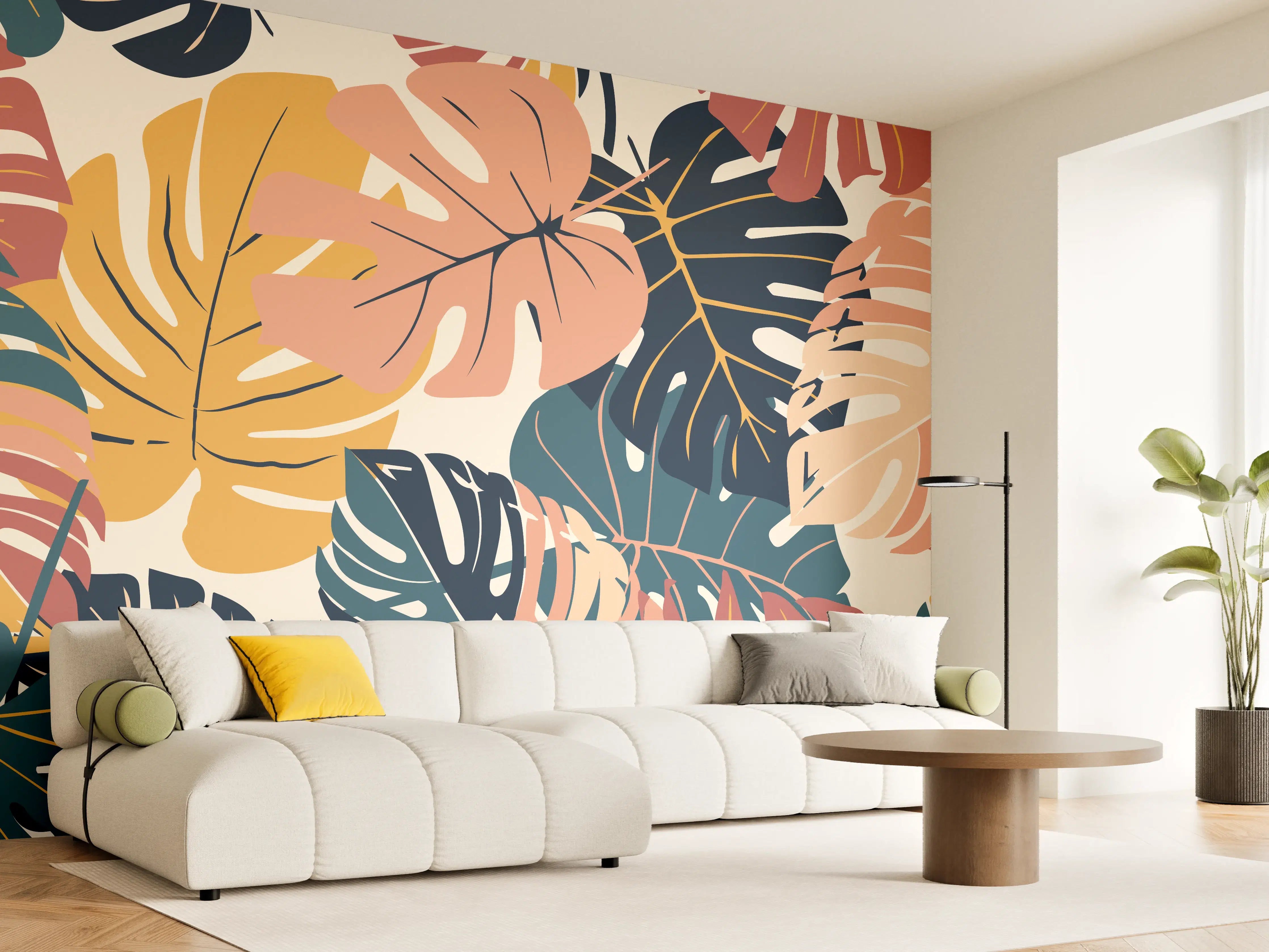 Wandverkleidung Wohnzimmer - Monstera Tropic Koralle Türkis