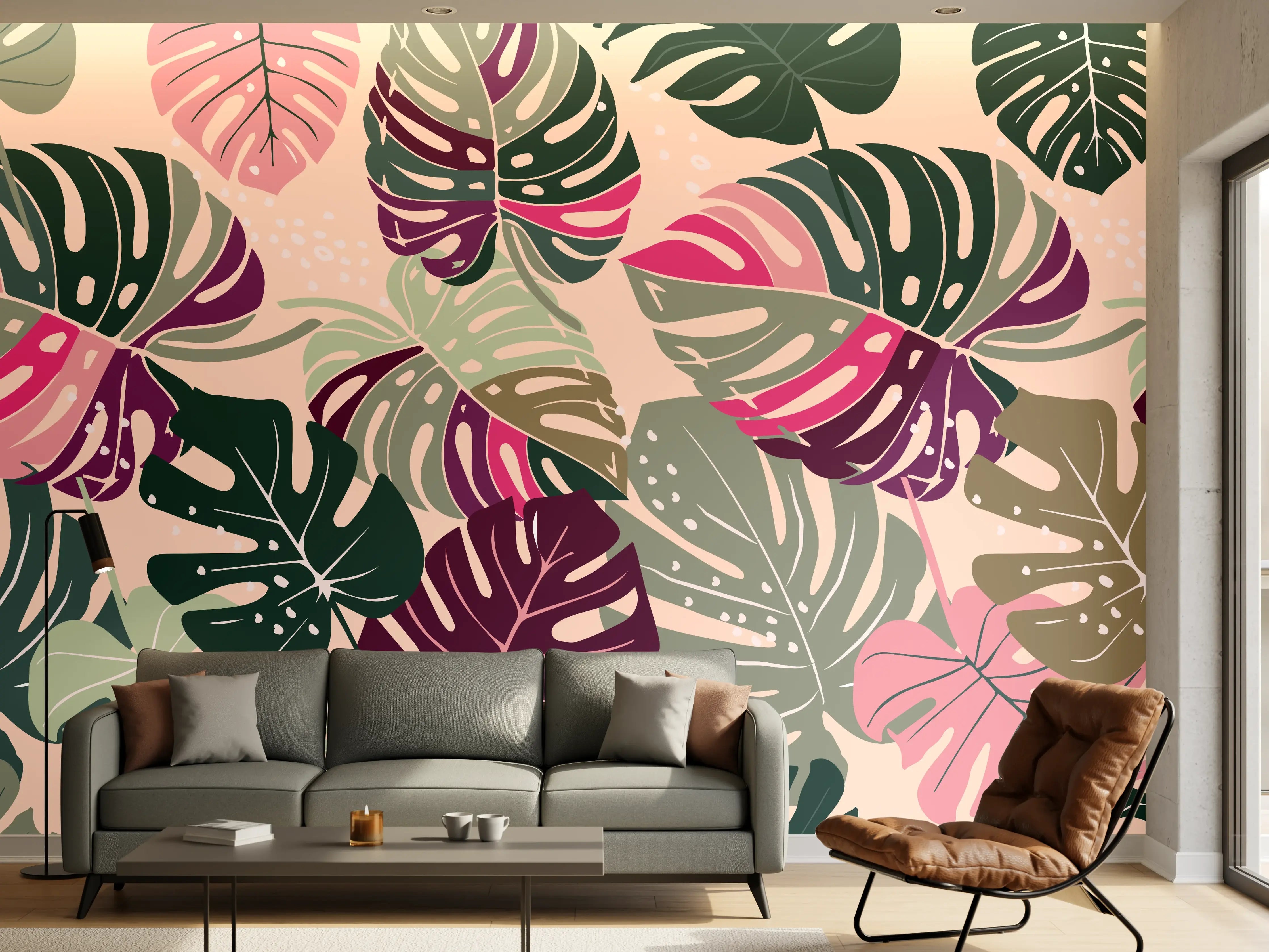 Wandverkleidung Wohnzimmer - Monstera Tropic Rosa-Grün