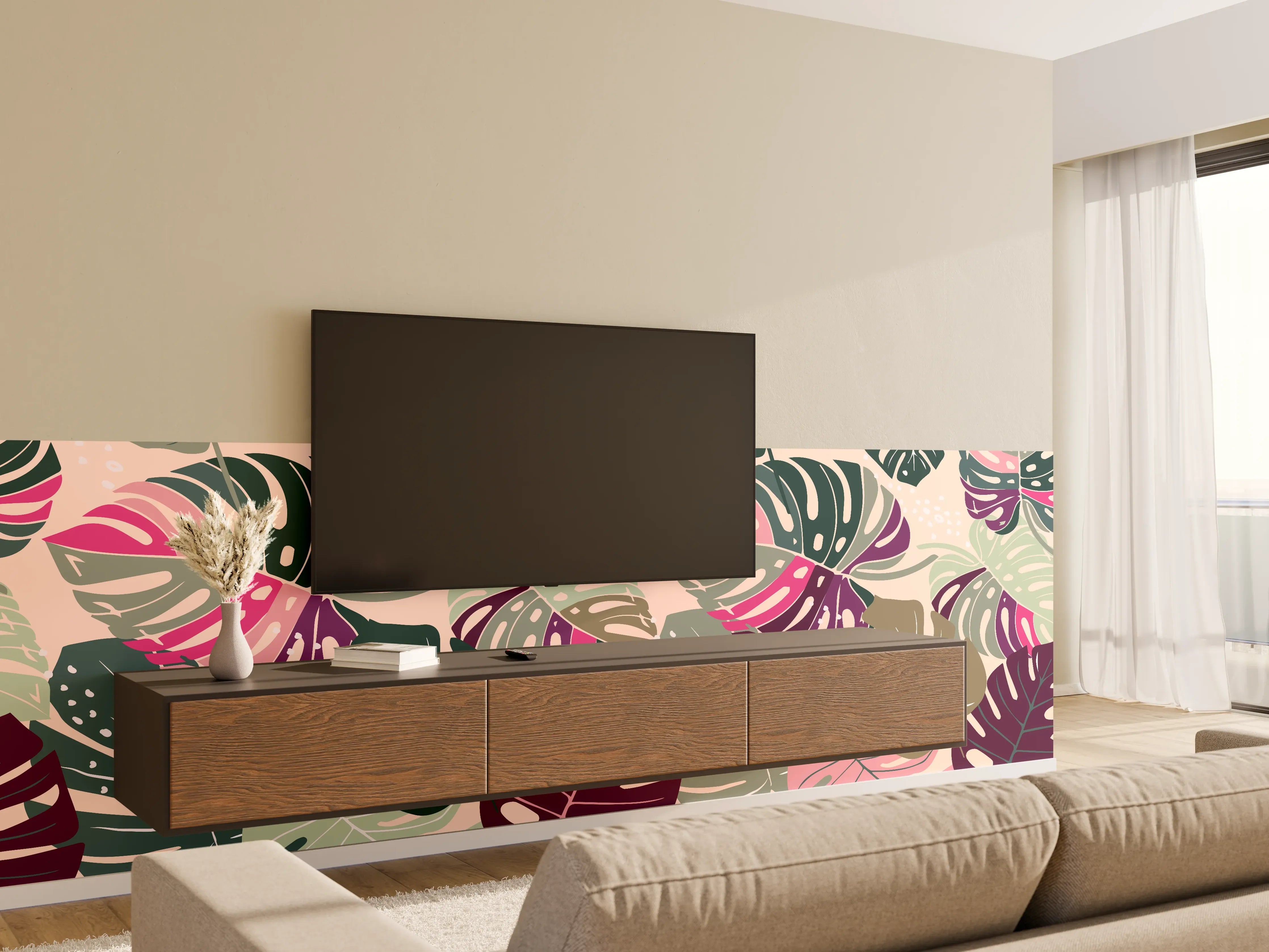 Wandverkleidung Wohnzimmer - Monstera Tropic Rosa-Grün